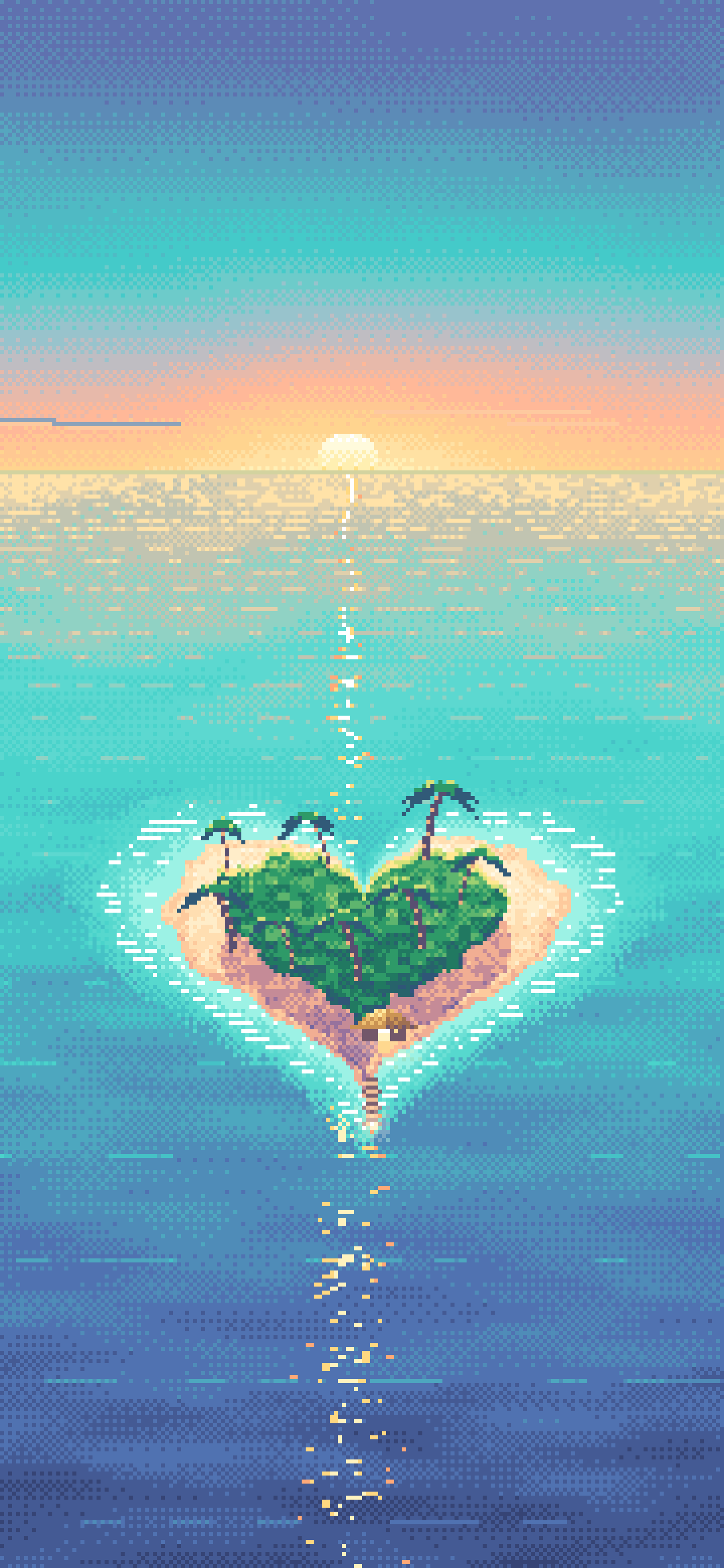 Turquoise Pixel Art Heart Island at Sunset wallpaper for iPhone and Android