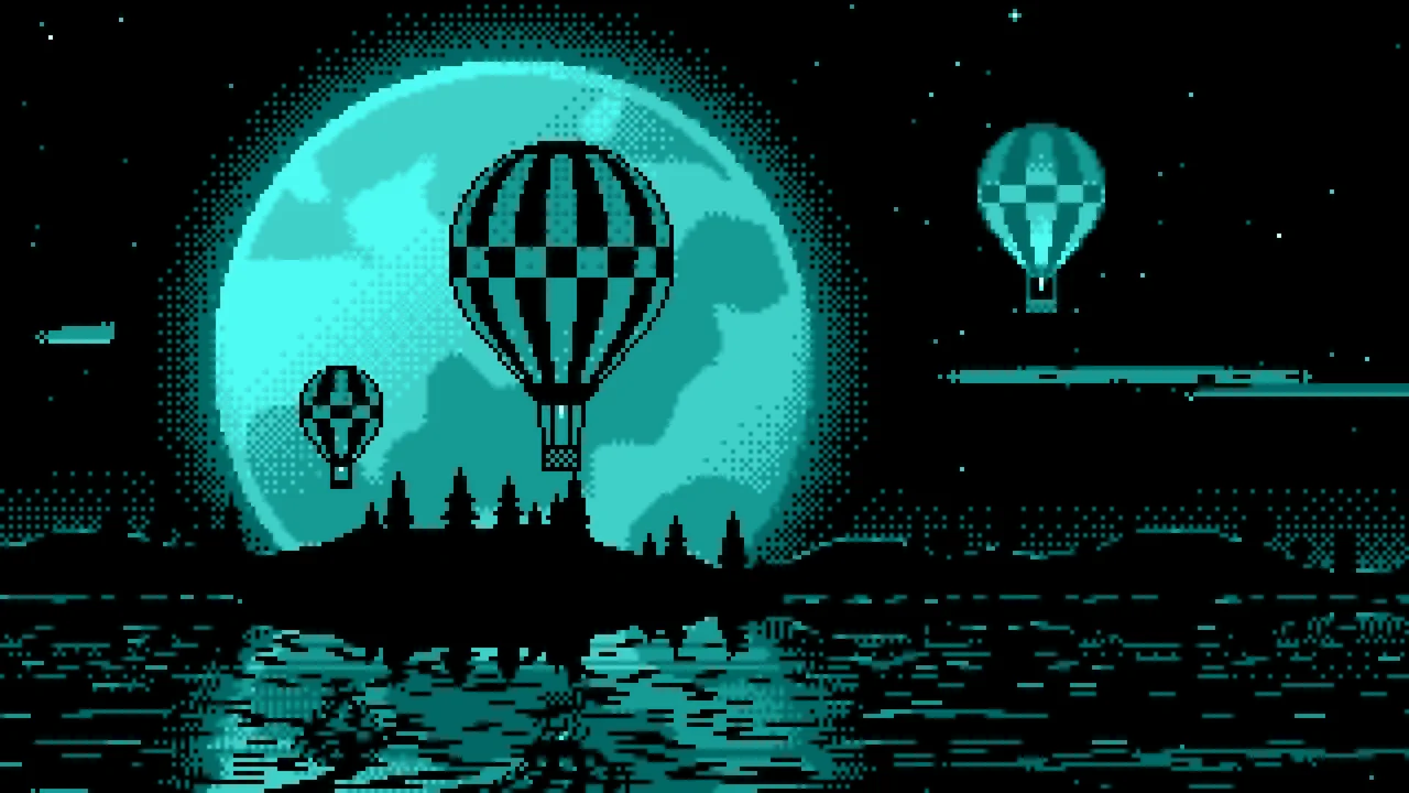 Turquoise Pixel Art Hot Air Balloons and Full Moon desktop wallpaper in 4K