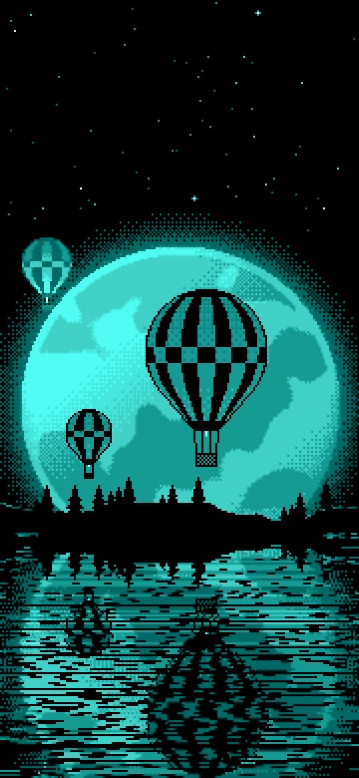 Turquoise Pixel Art Hot Air Balloons and Full Moon wallpaper for iPhone and Android