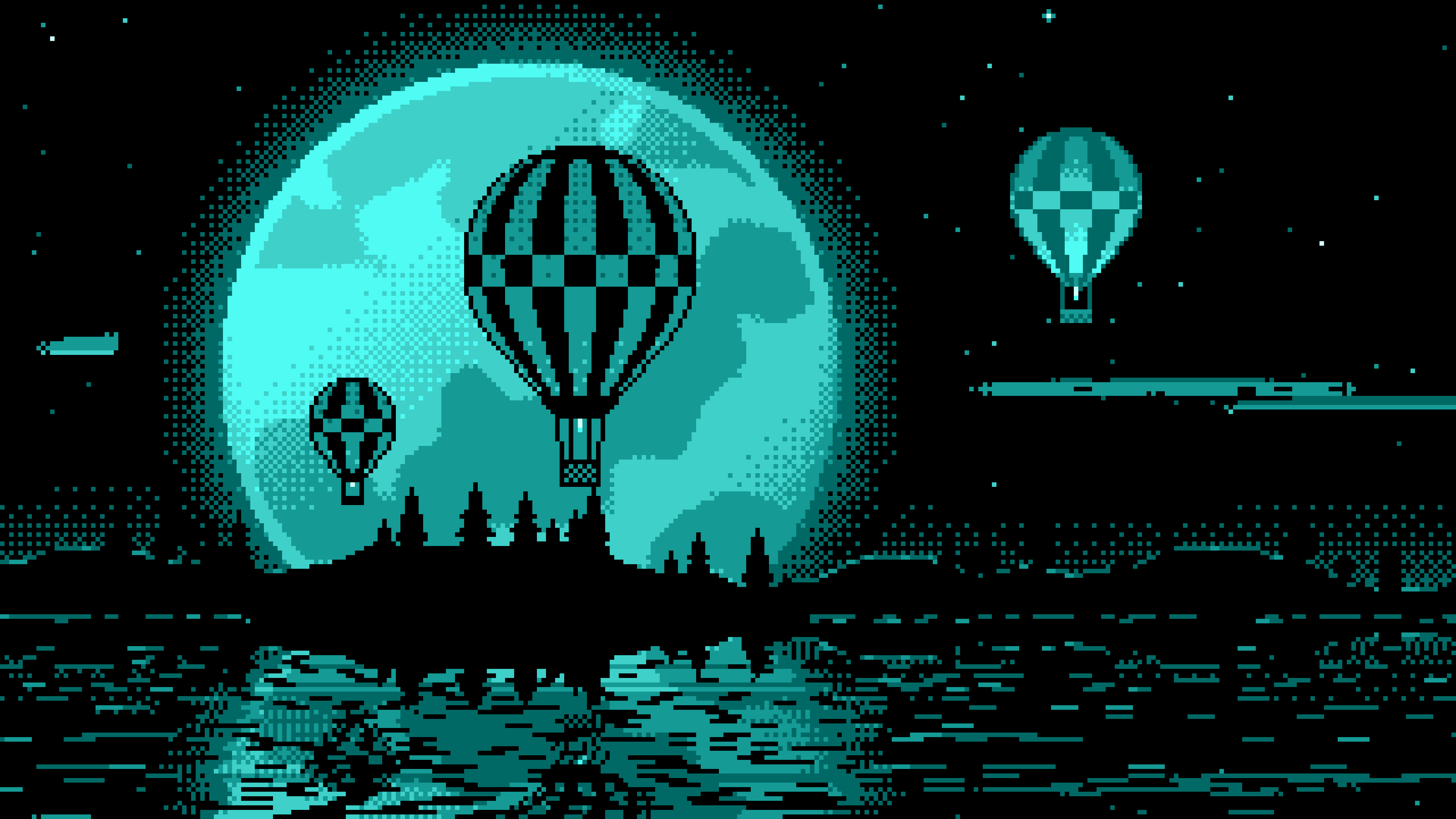 Turquoise Pixel Art Hot Air Balloons and Full Moon desktop wallpaper in 4K