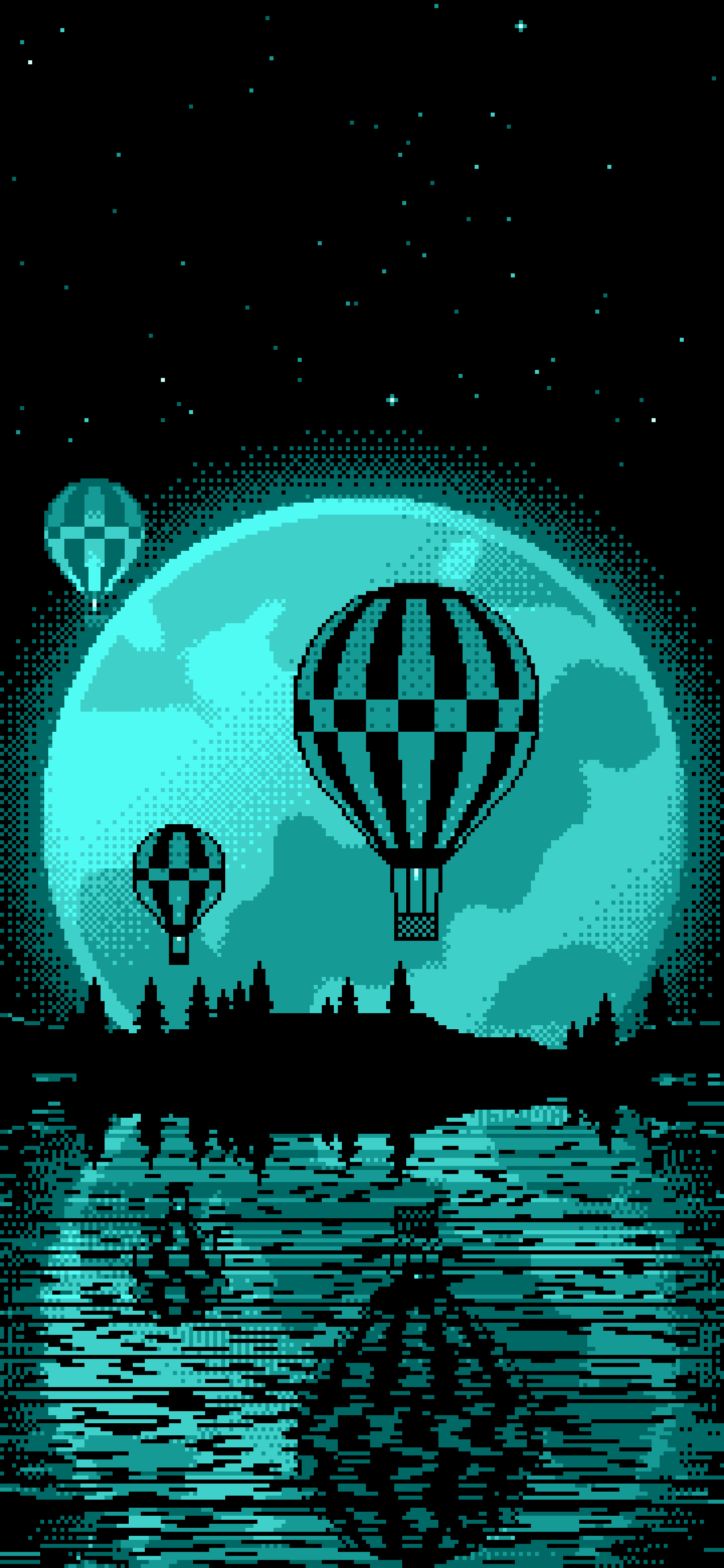 Turquoise Pixel Art Hot Air Balloons and Full Moon wallpaper for iPhone and Android