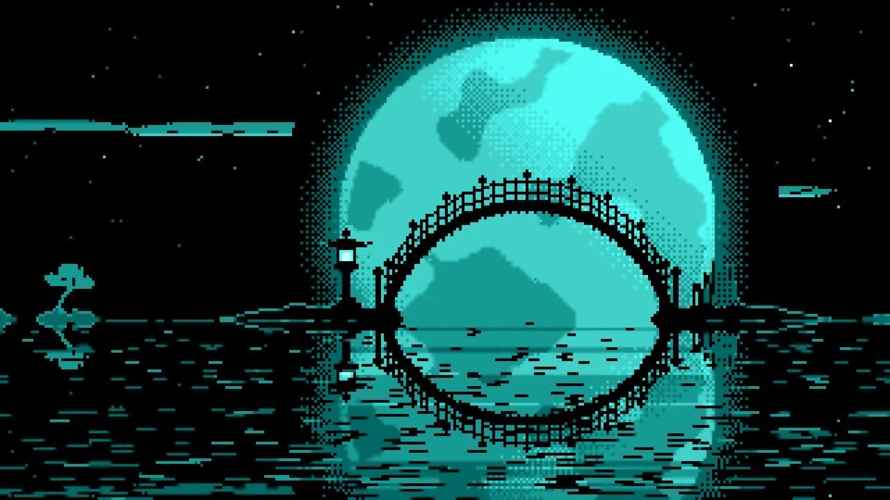 Turquoise Pixel Art Japanese Bridge and Full Moon desktop wallpaper in 4K
