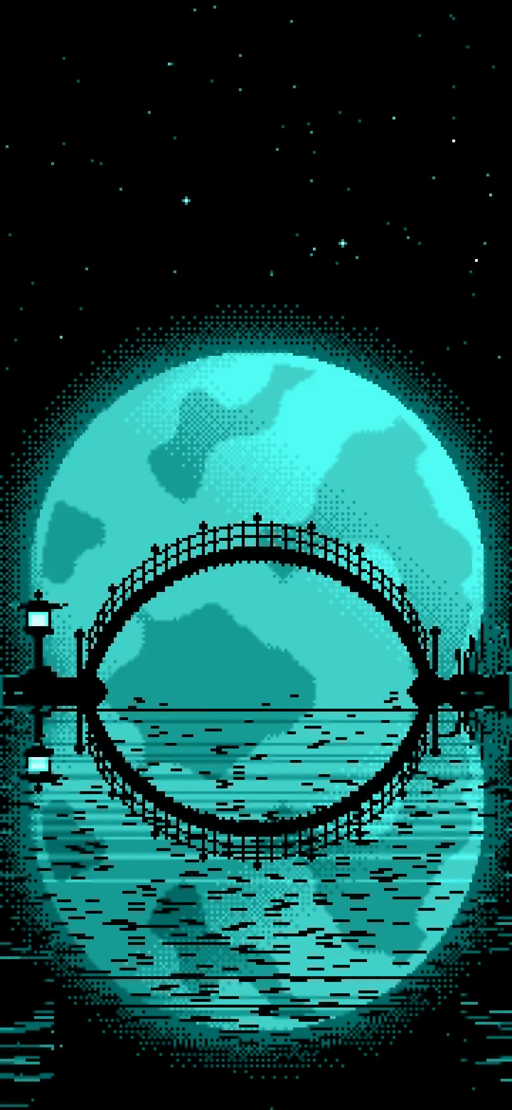 Turquoise Pixel Art Japanese Bridge and Full Moon wallpaper for iPhone and Android