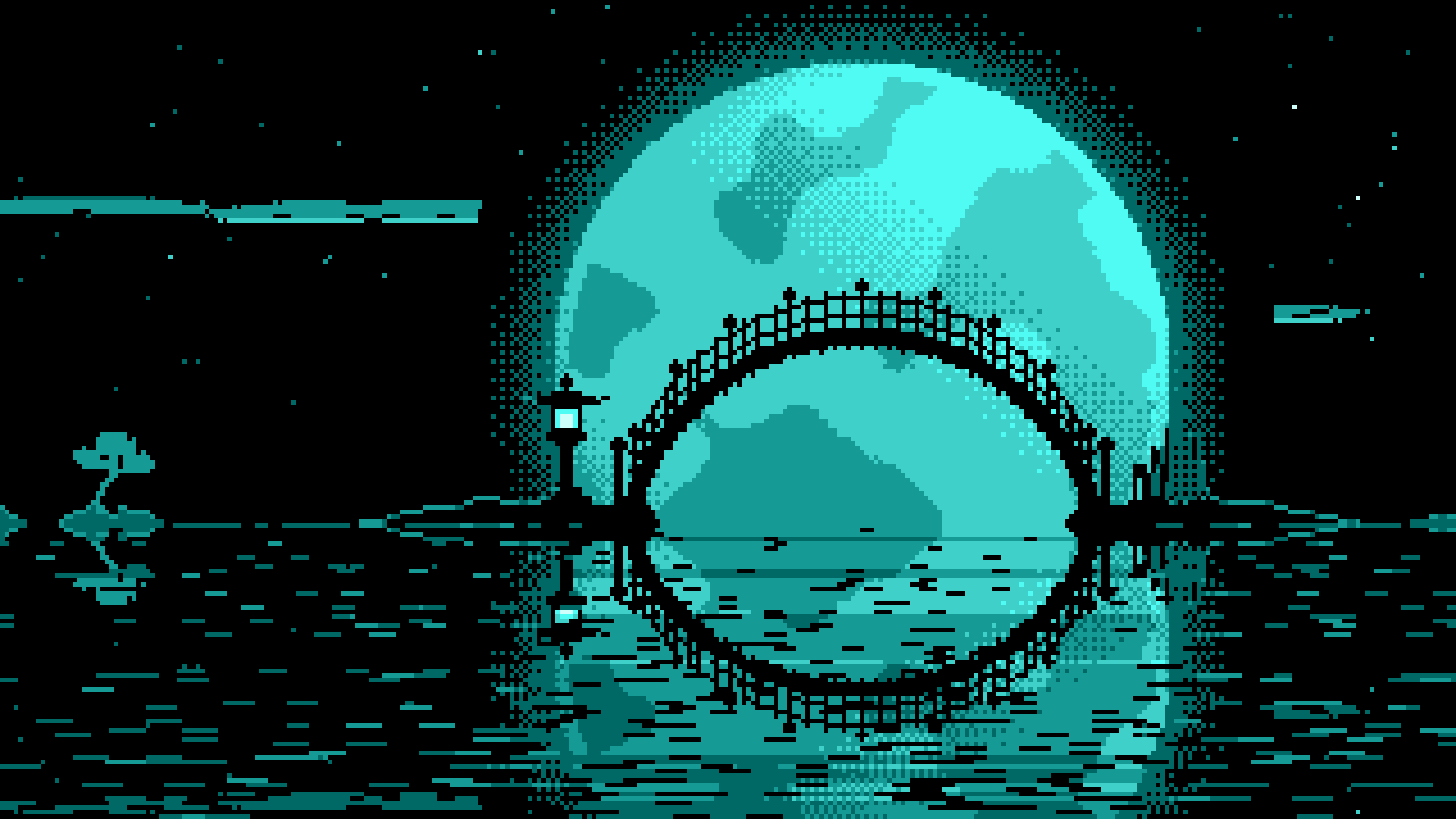 Turquoise Pixel Art Japanese Bridge and Full Moon desktop wallpaper in 4K