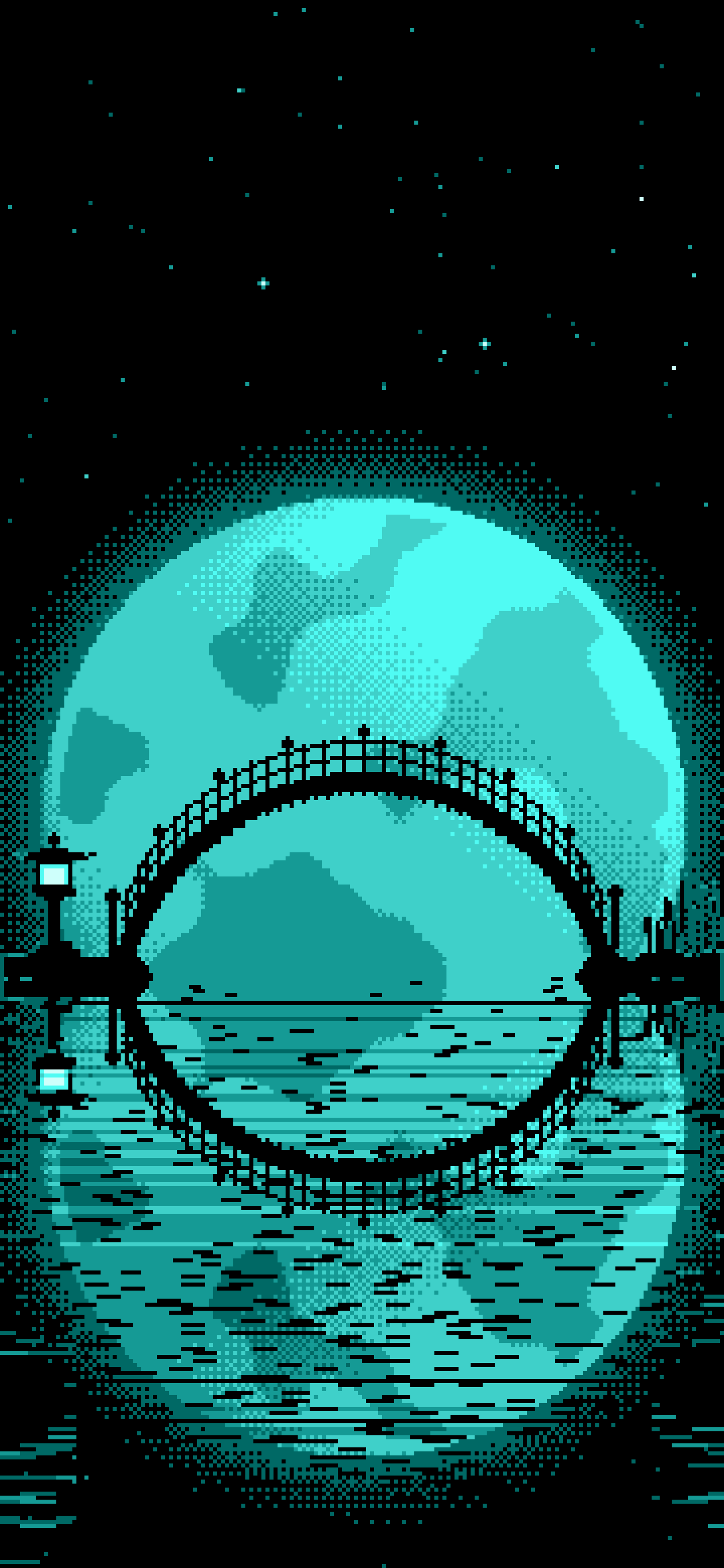 Turquoise Pixel Art Japanese Bridge and Full Moon wallpaper for iPhone and Android