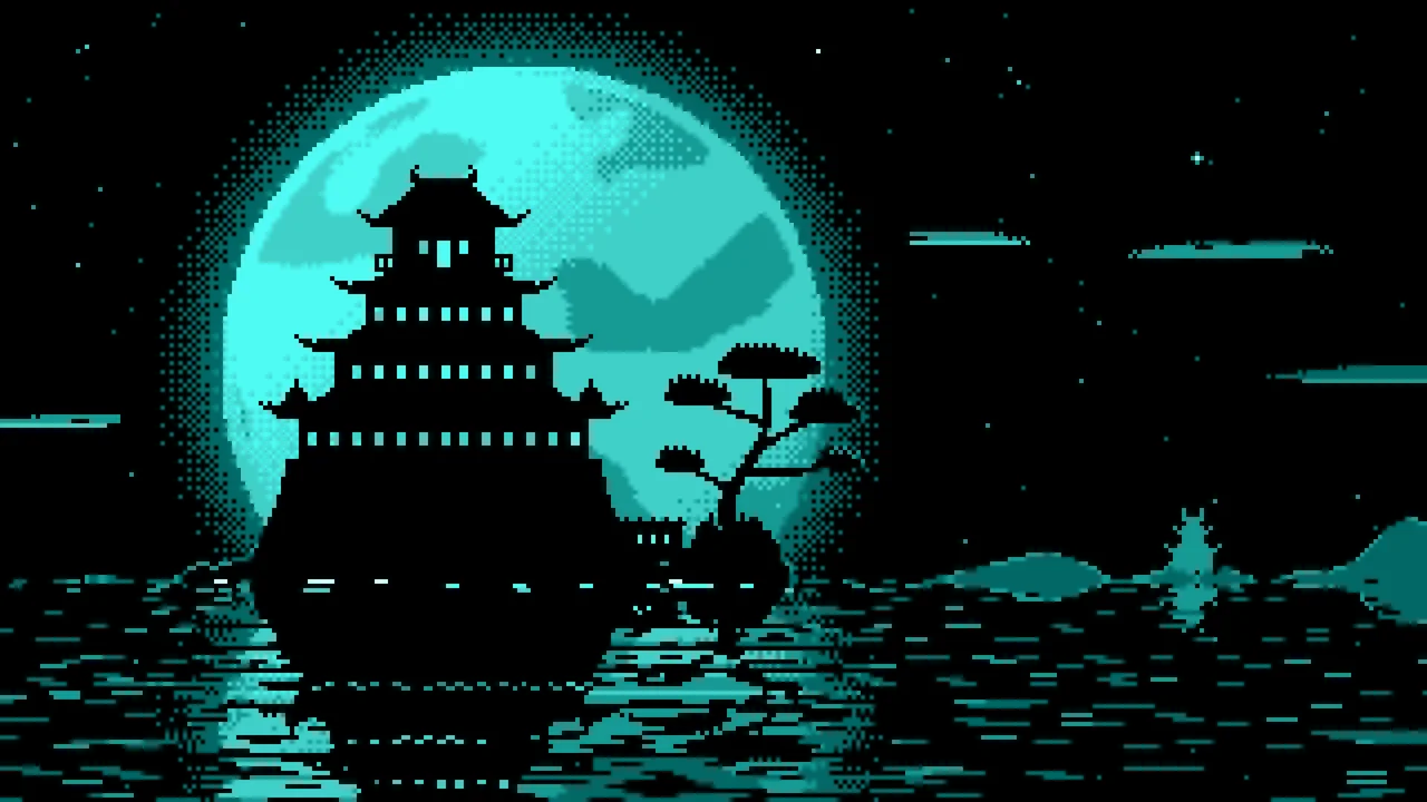 Turquoise Pixel Art Japanese Castle and Full Moon desktop wallpaper in 4K