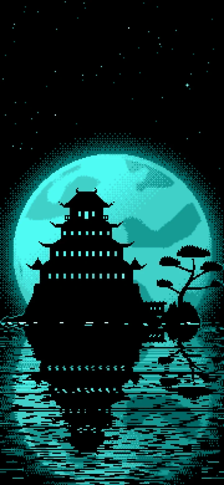 Turquoise Pixel Art Japanese Castle and Full Moon wallpaper for iPhone and Android