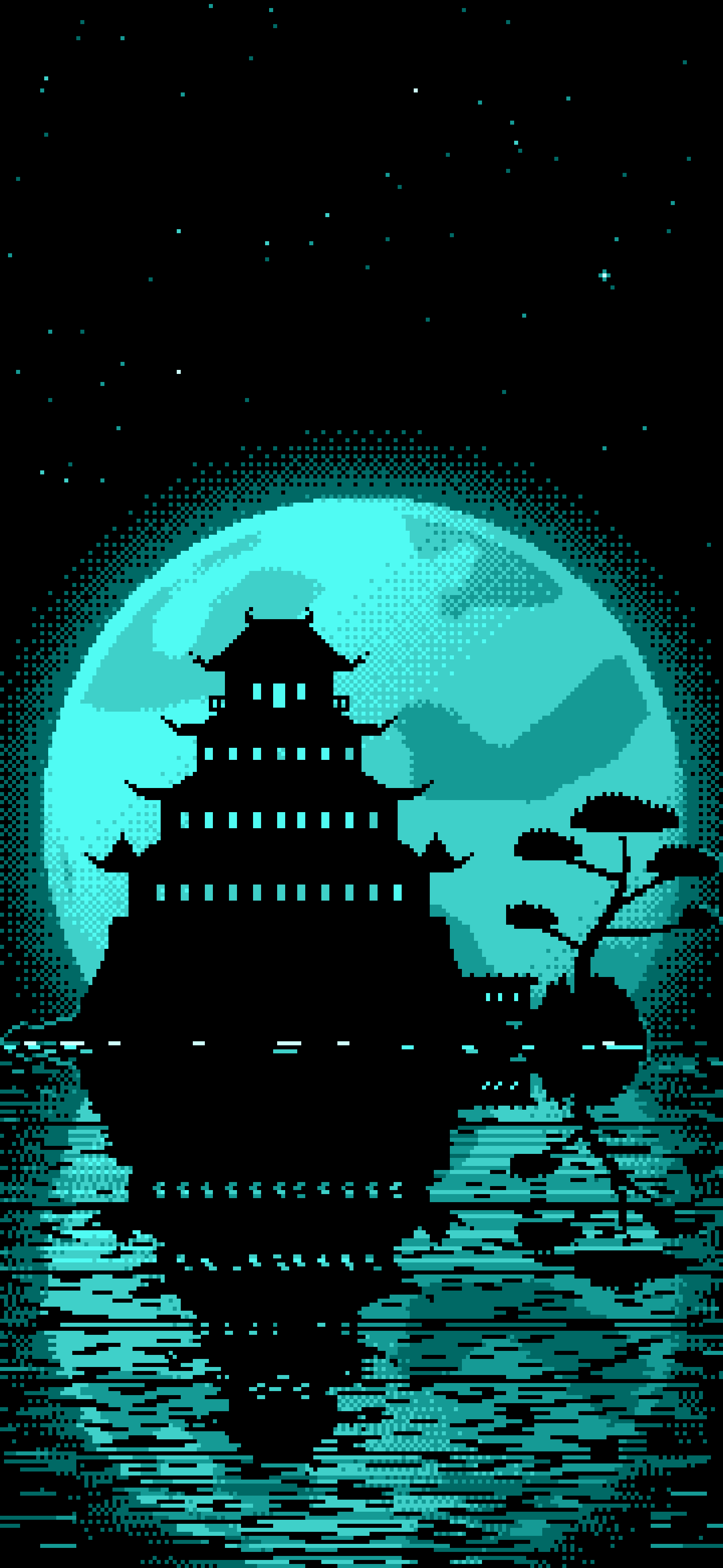 Turquoise Pixel Art Japanese Castle and Full Moon wallpaper for iPhone and Android