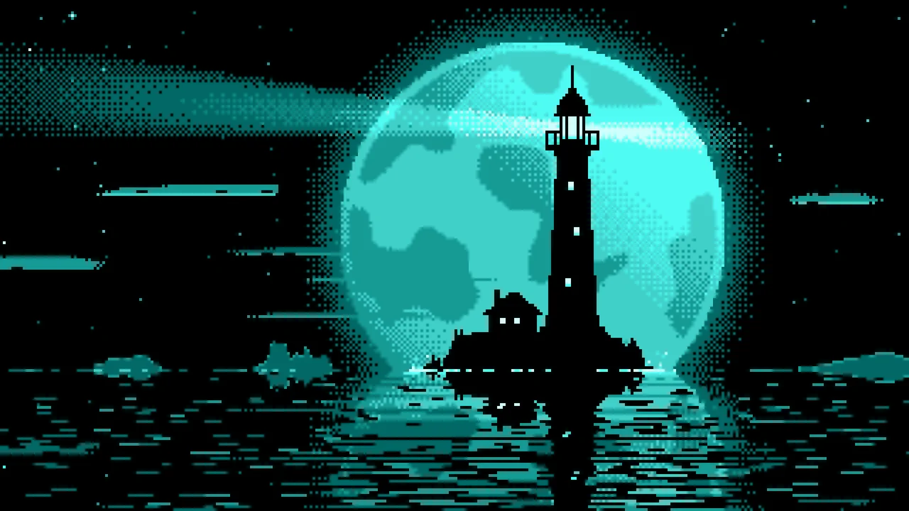 Turquoise Pixel Art Lighthouse and Full Moon desktop wallpaper in 4K