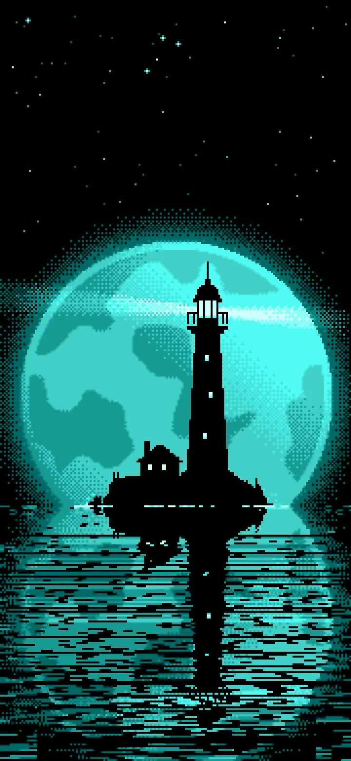 Turquoise Pixel Art Lighthouse and Full Moon wallpaper for iPhone and Android