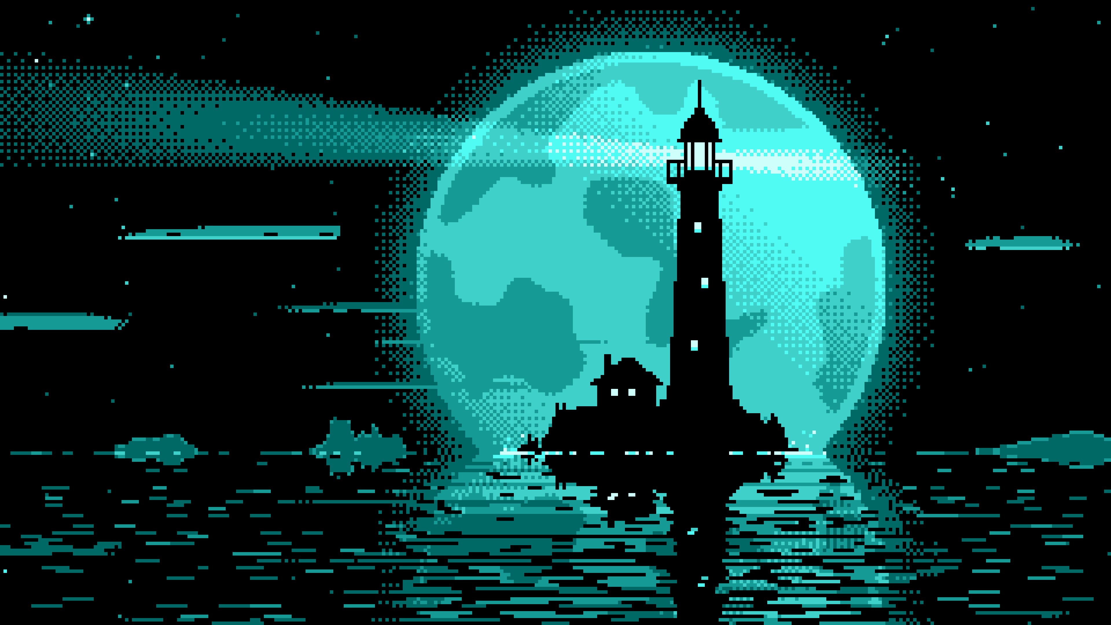 Turquoise Pixel Art Lighthouse and Full Moon desktop wallpaper in 4K