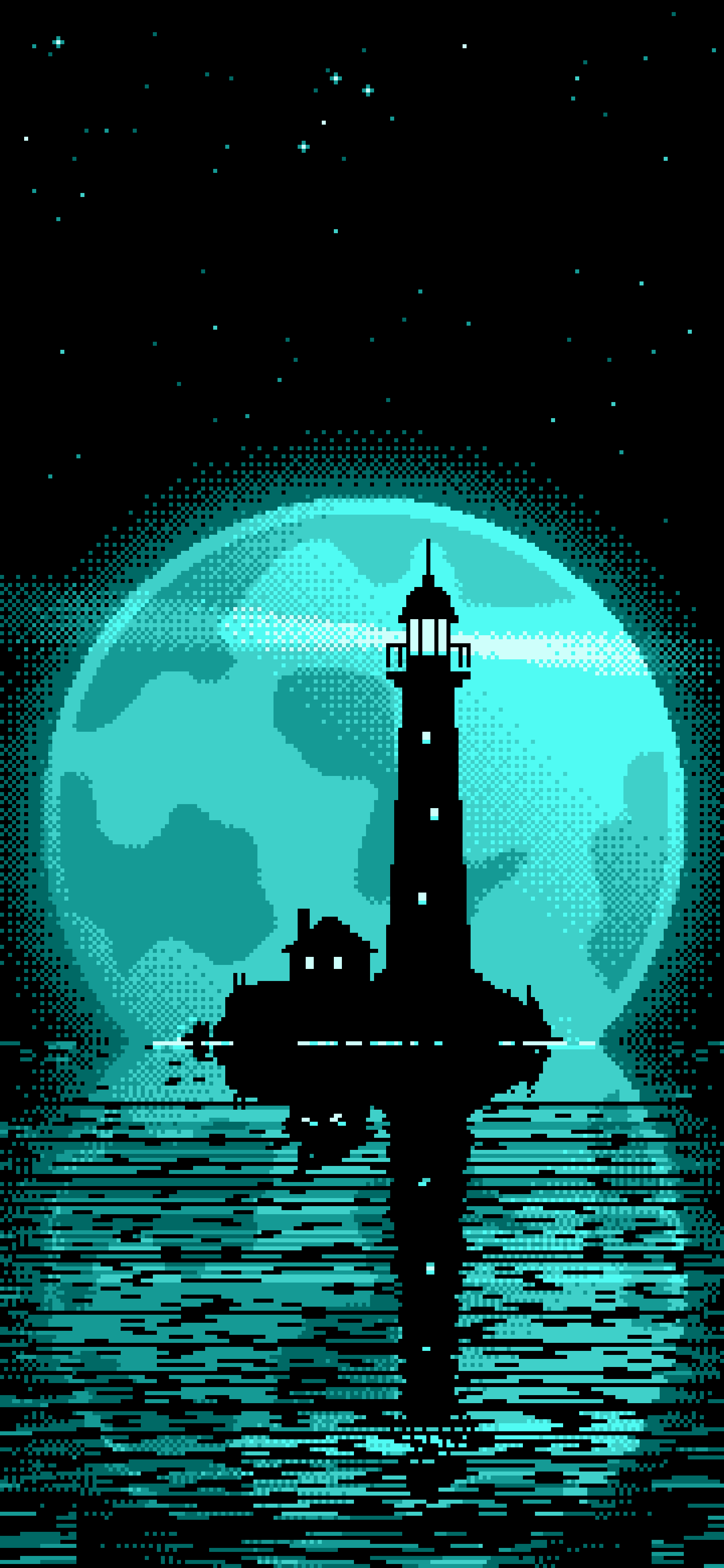 Turquoise Pixel Art Lighthouse and Full Moon wallpaper for iPhone and Android