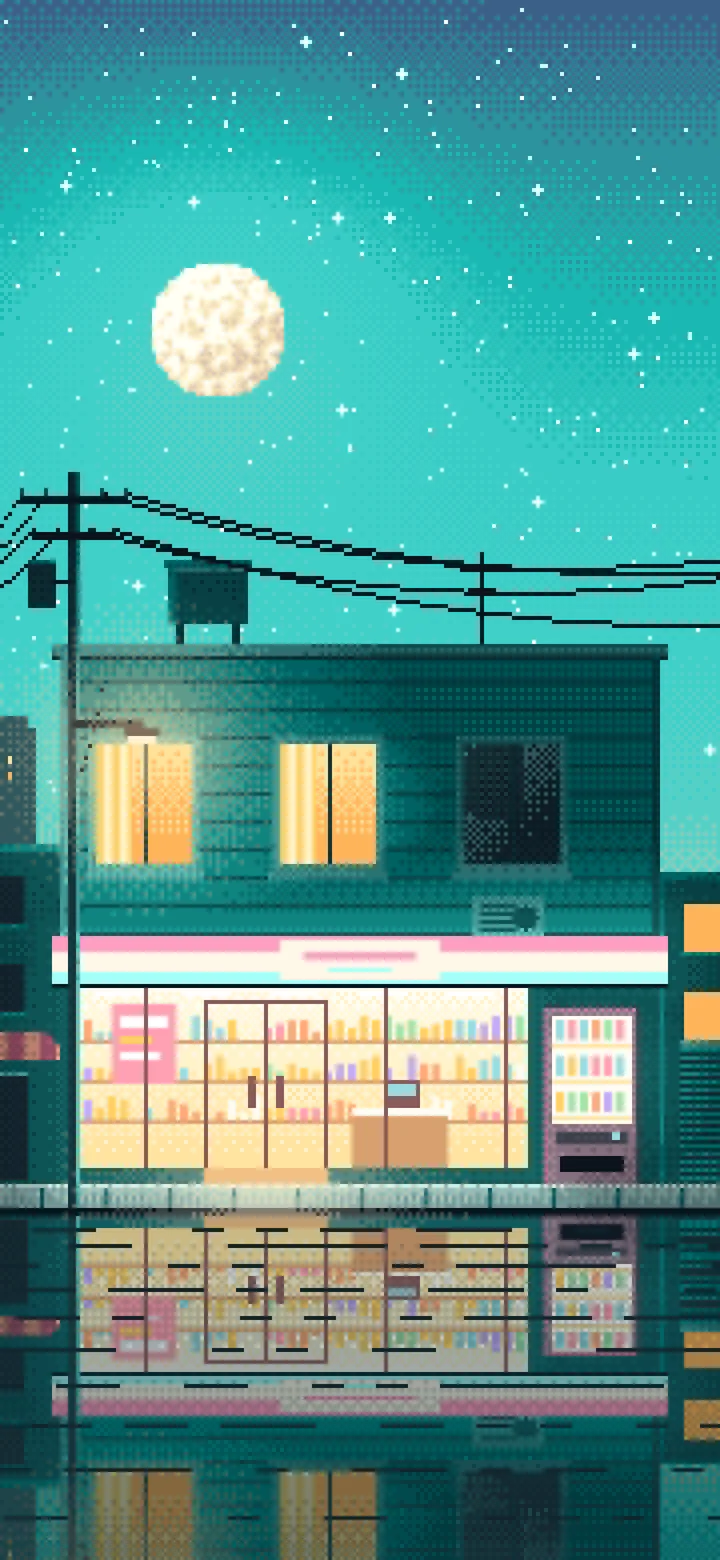 Turquoise Pixel Art Lofi Convenience Store at Night wallpaper for iPhone and Android