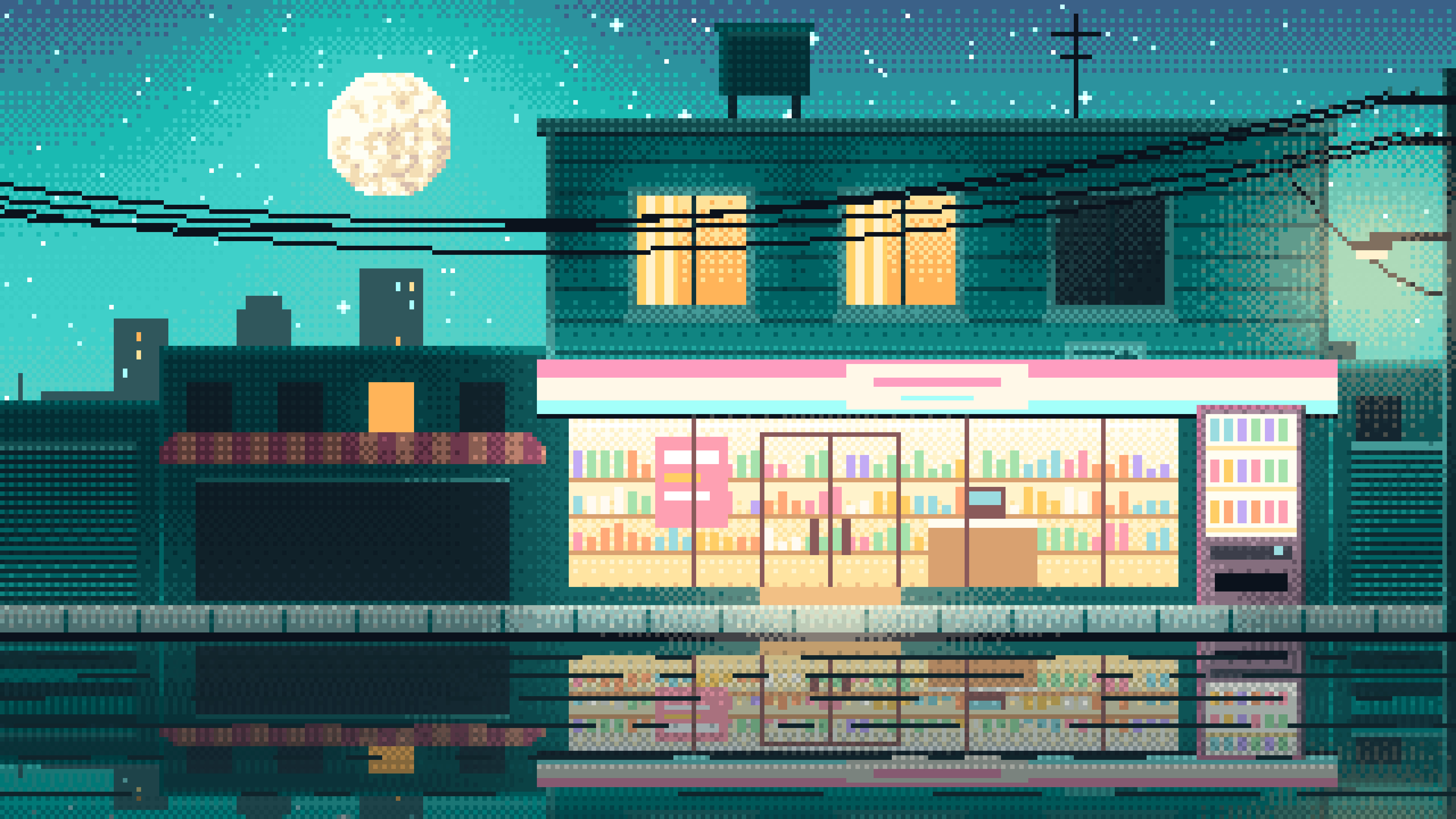 Turquoise Pixel Art Lofi Convenience Store at Night desktop wallpaper in 4K