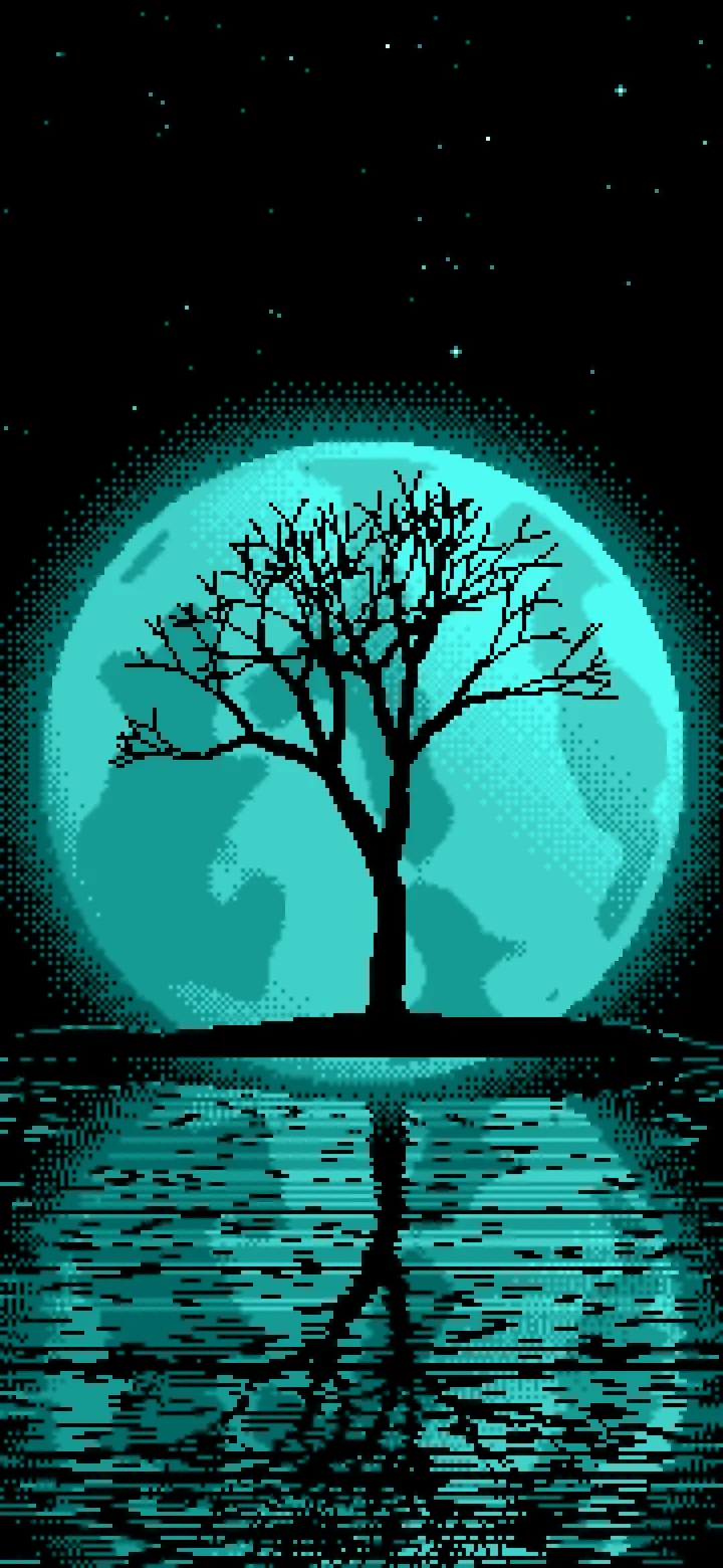 Turquoise Pixel Art Lone Tree and Full Moon wallpaper for iPhone and Android