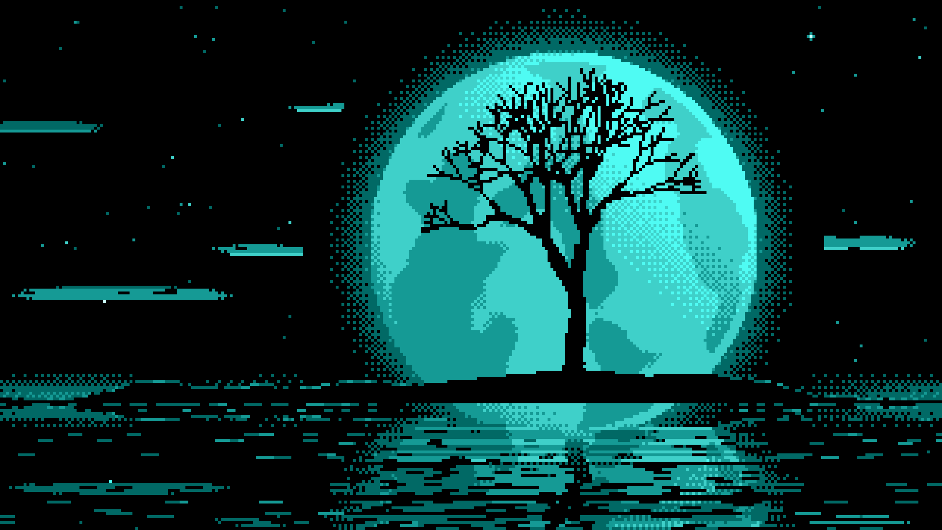 Turquoise Pixel Art Lone Tree and Full Moon desktop wallpaper in 4K