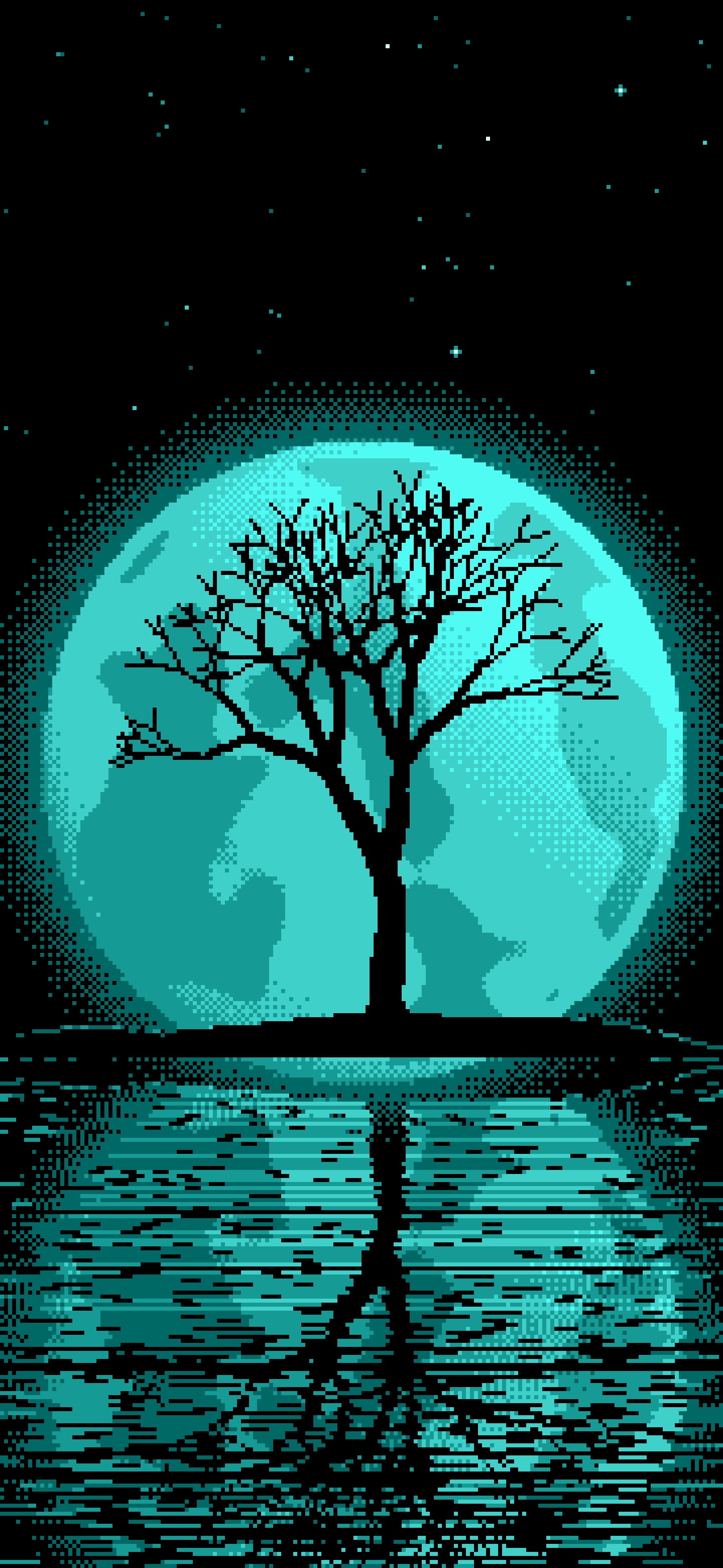 Turquoise Pixel Art Lone Tree and Full Moon wallpaper for iPhone and Android