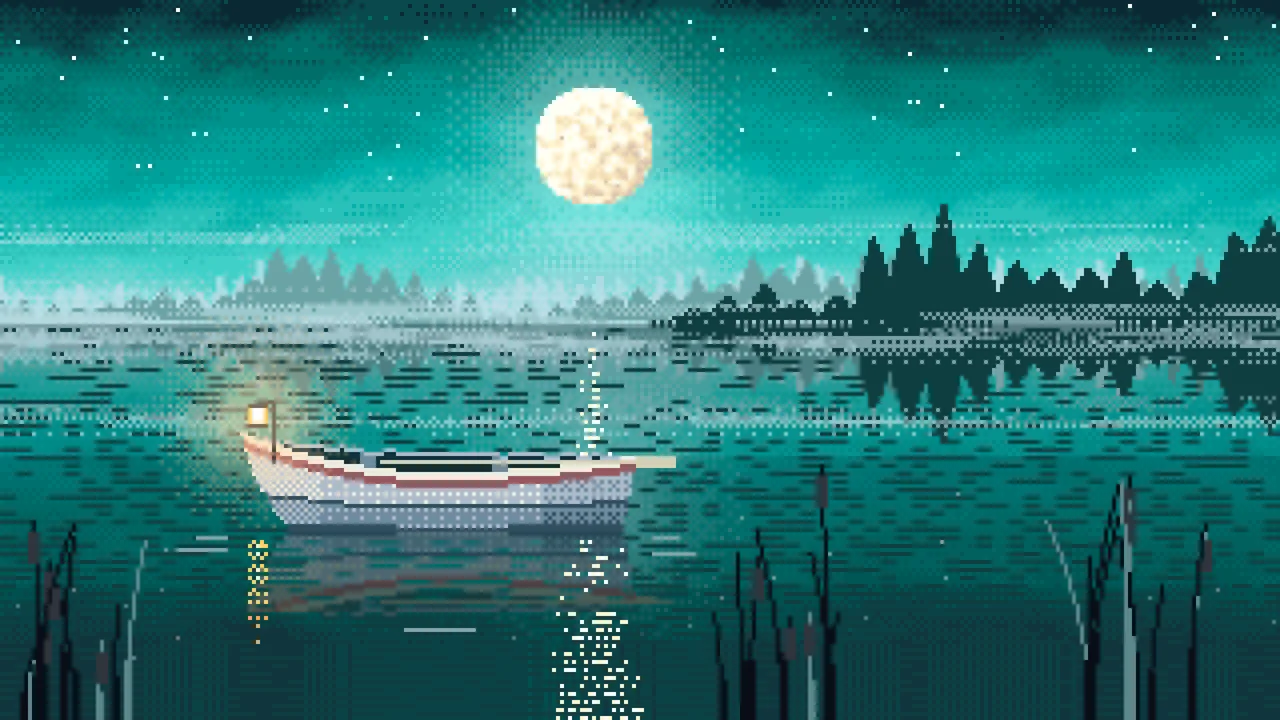 Turquoise Pixel Art Lonely Rowboat on a Foggy Lake desktop wallpaper in 4K