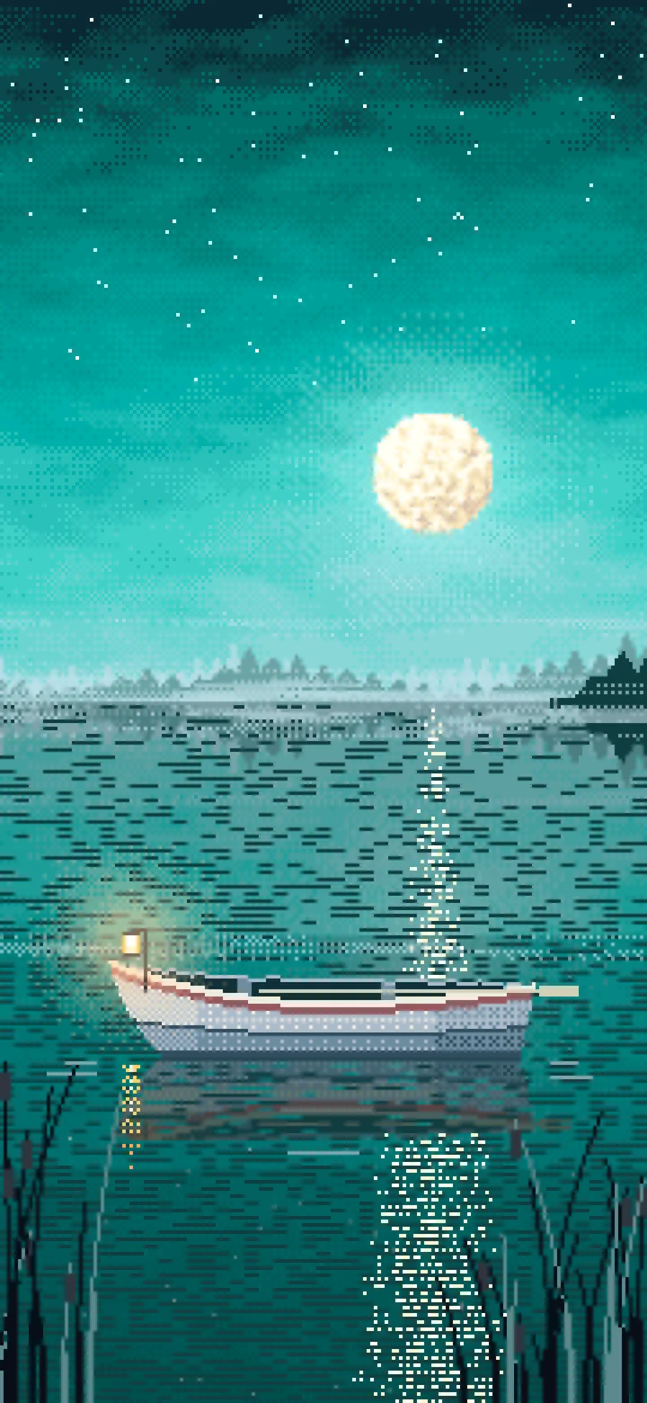 Turquoise Pixel Art Lonely Rowboat on a Foggy Lake wallpaper for iPhone and Android