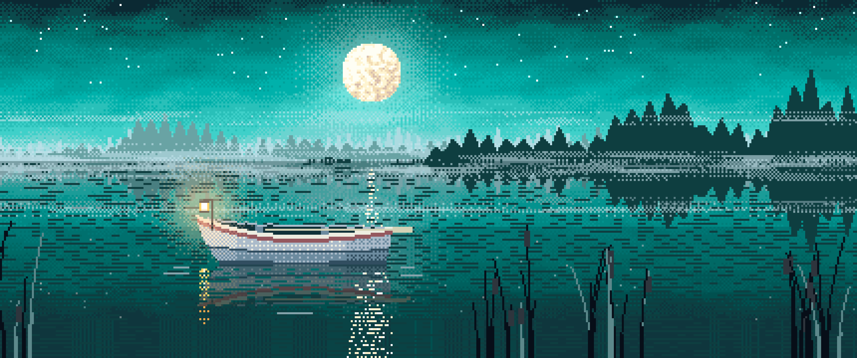 Turquoise Pixel Art Lonely Rowboat on a Foggy Lake ultrawide wallpaper, 3440 × 1440