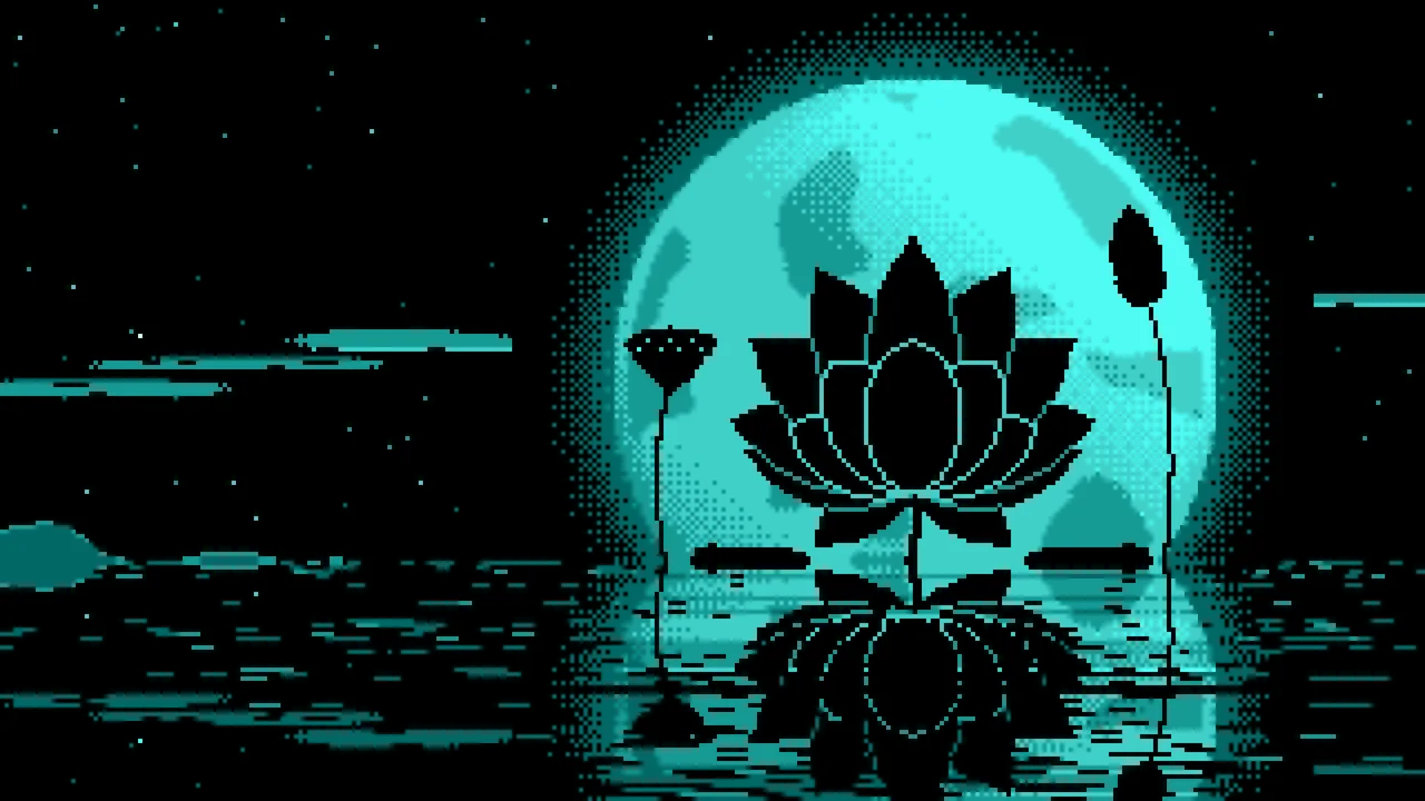 Turquoise Pixel Art Lotus Flower and Full Moon desktop wallpaper in 4K