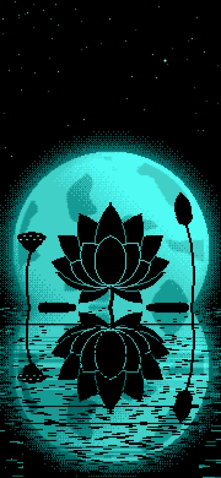 Turquoise Pixel Art Lotus Flower and Full Moon wallpaper for iPhone and Android