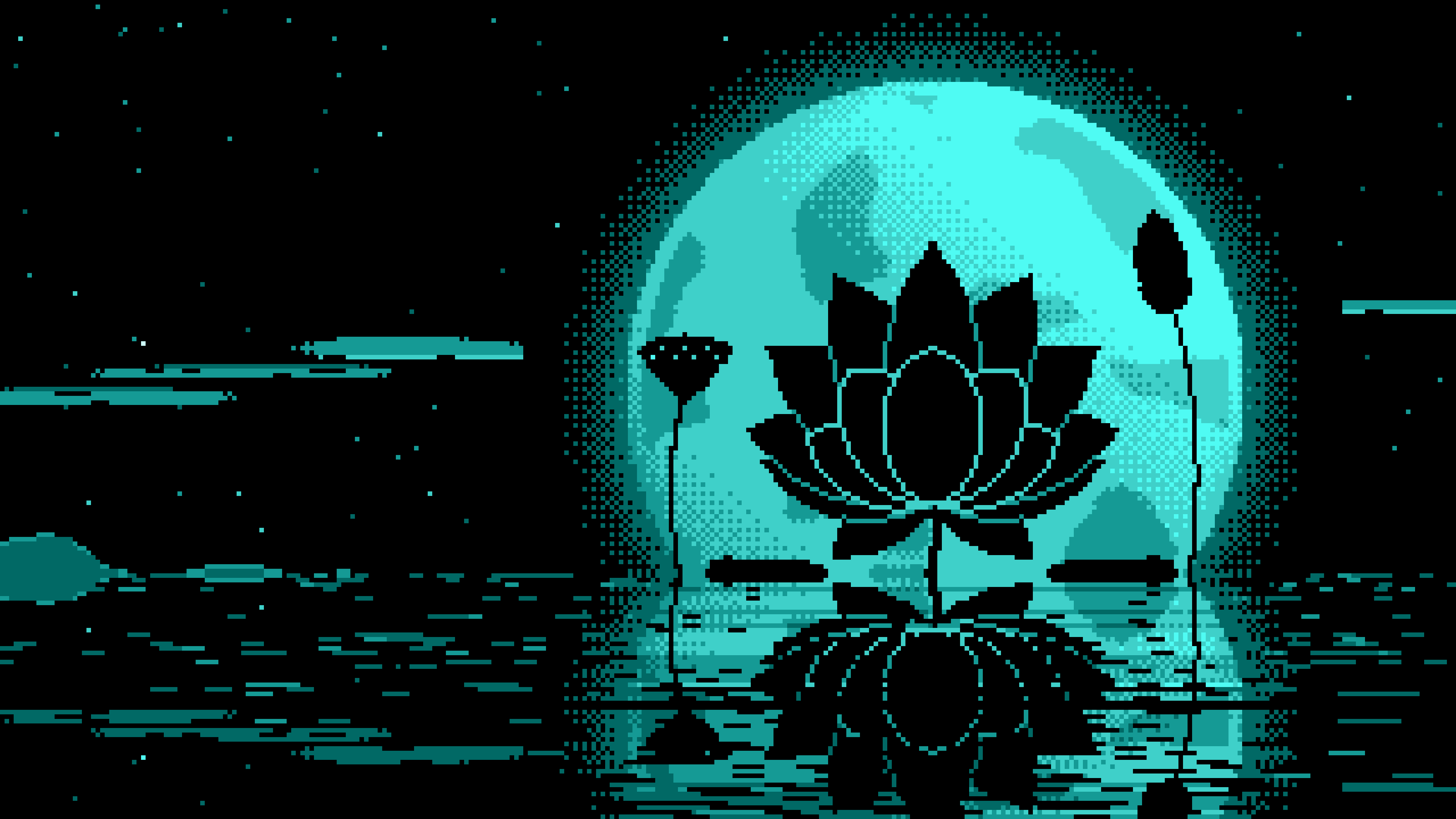 Turquoise Pixel Art Lotus Flower and Full Moon desktop wallpaper in 4K