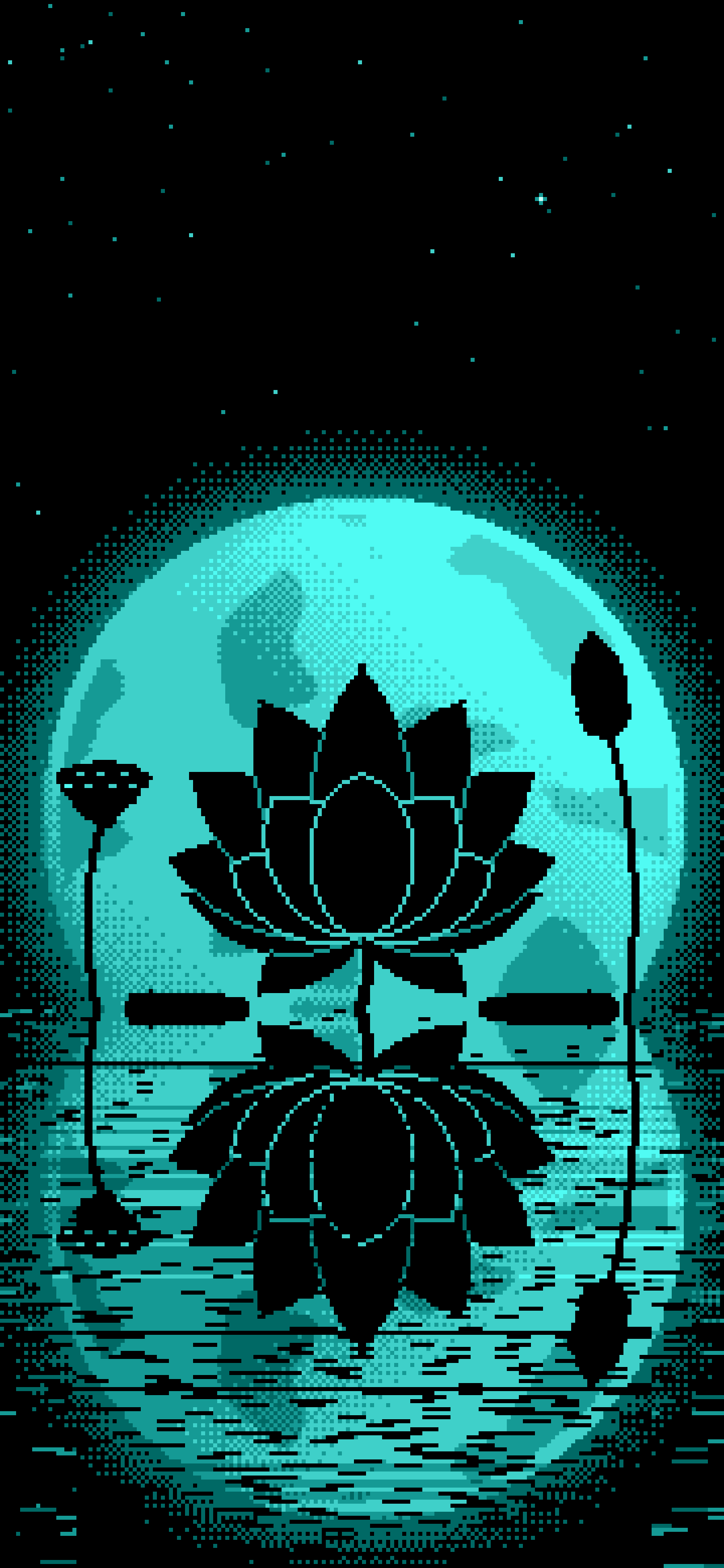 Turquoise Pixel Art Lotus Flower and Full Moon wallpaper for iPhone and Android