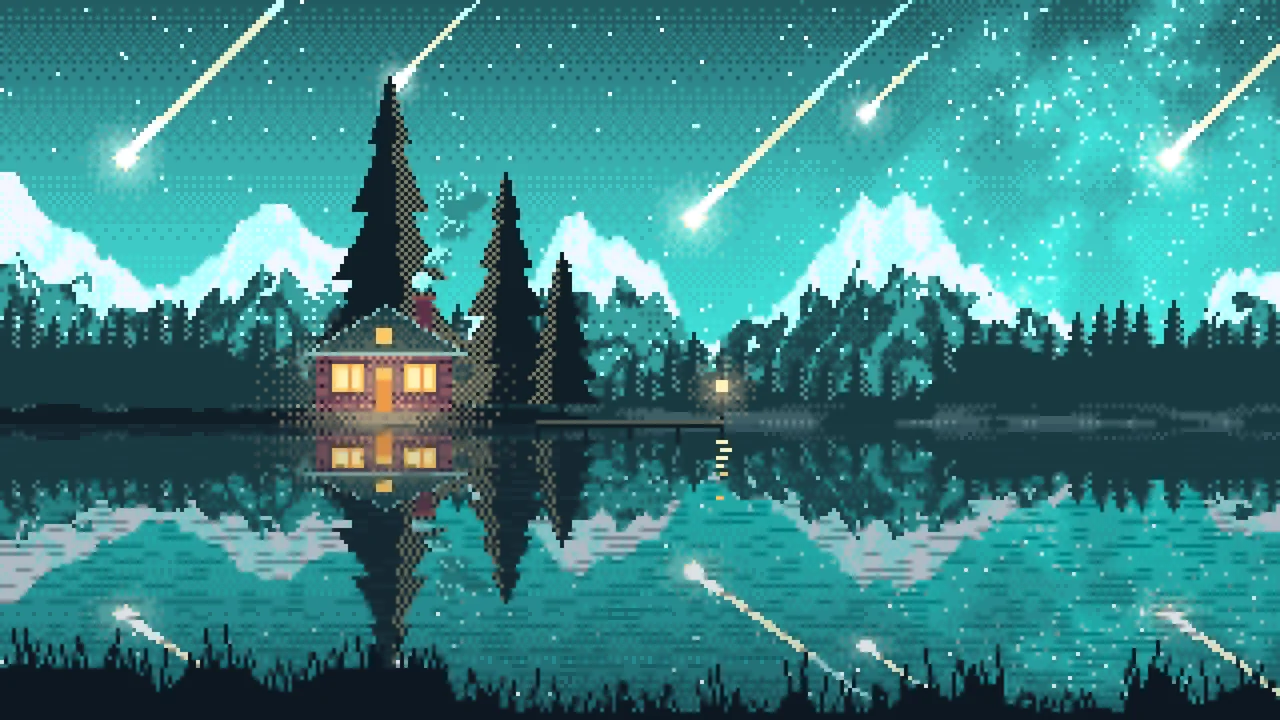 Turquoise Pixel Art Meteor Shower over a Lake desktop wallpaper in 4K