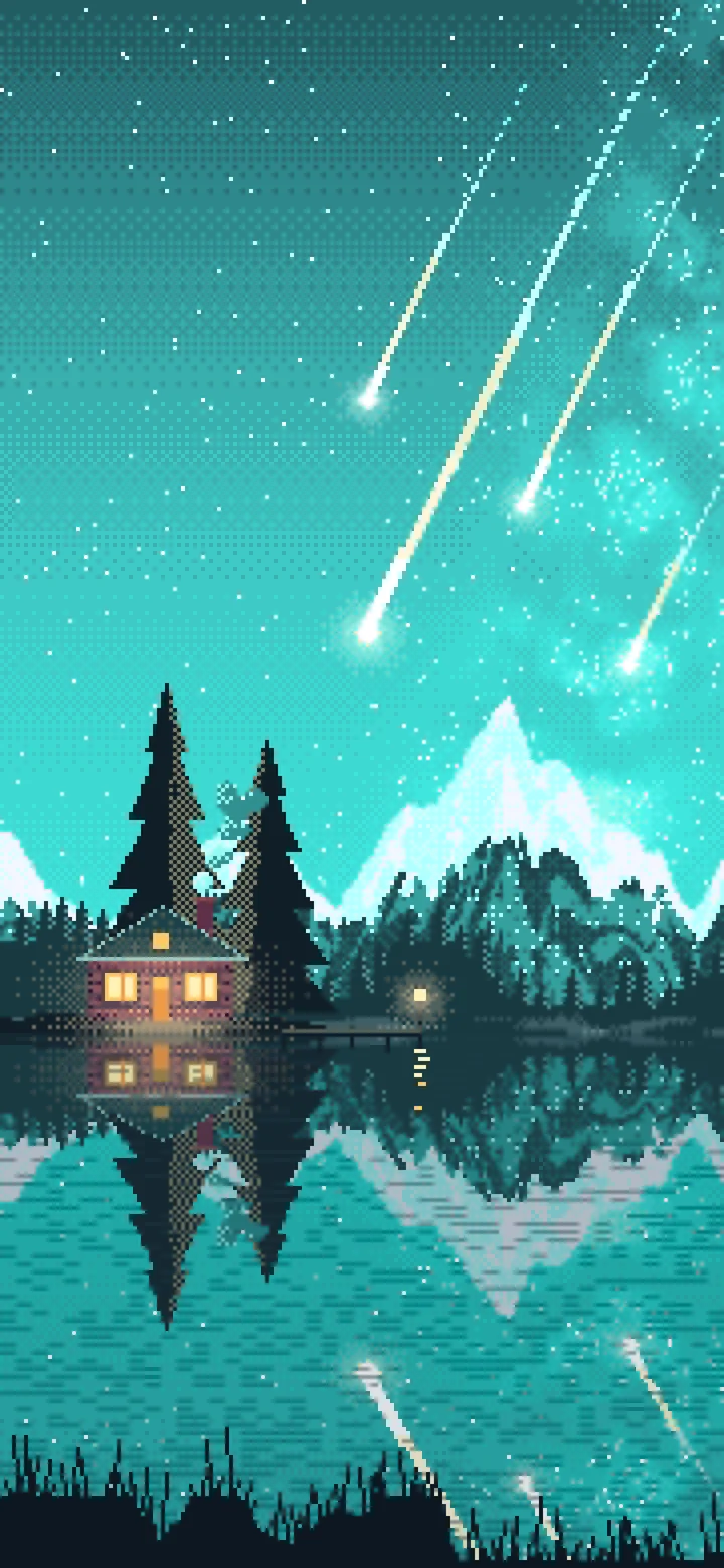 Turquoise Pixel Art Meteor Shower over a Lake wallpaper for iPhone and Android