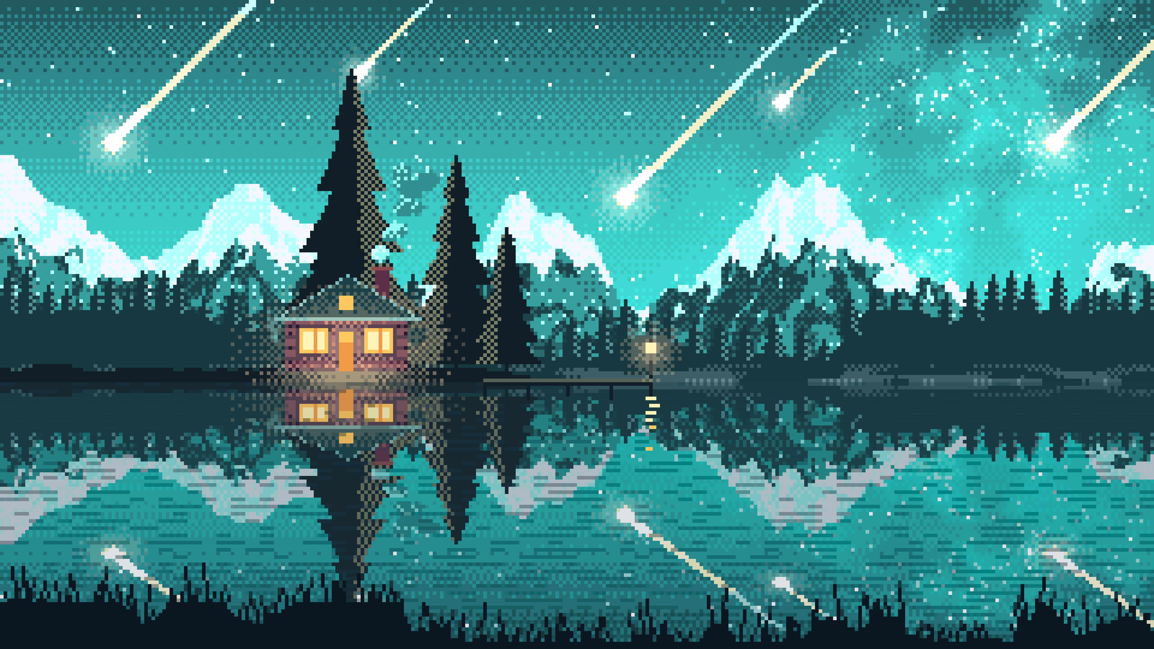 Turquoise Pixel Art Meteor Shower over a Lake desktop wallpaper in 4K
