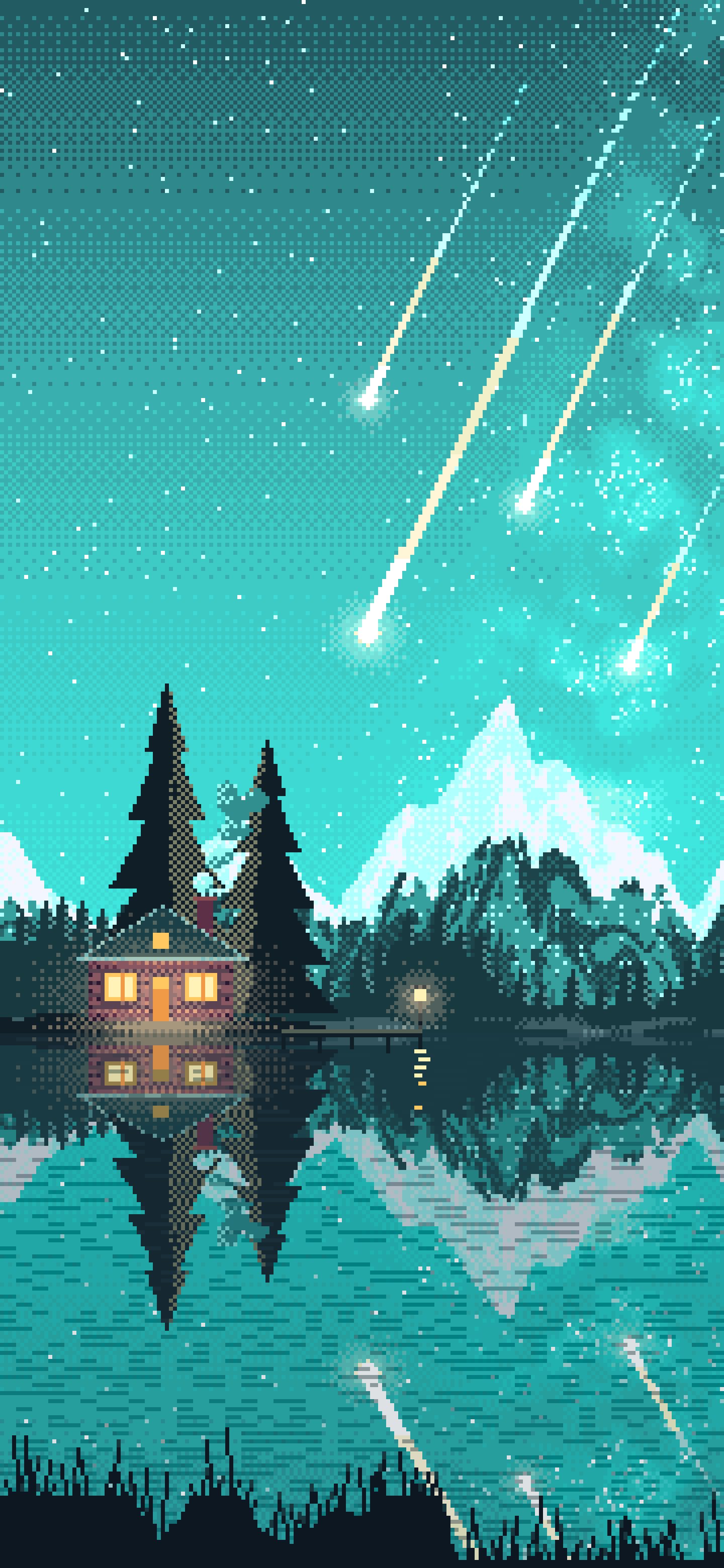 Turquoise Pixel Art Meteor Shower over a Lake wallpaper for iPhone and Android