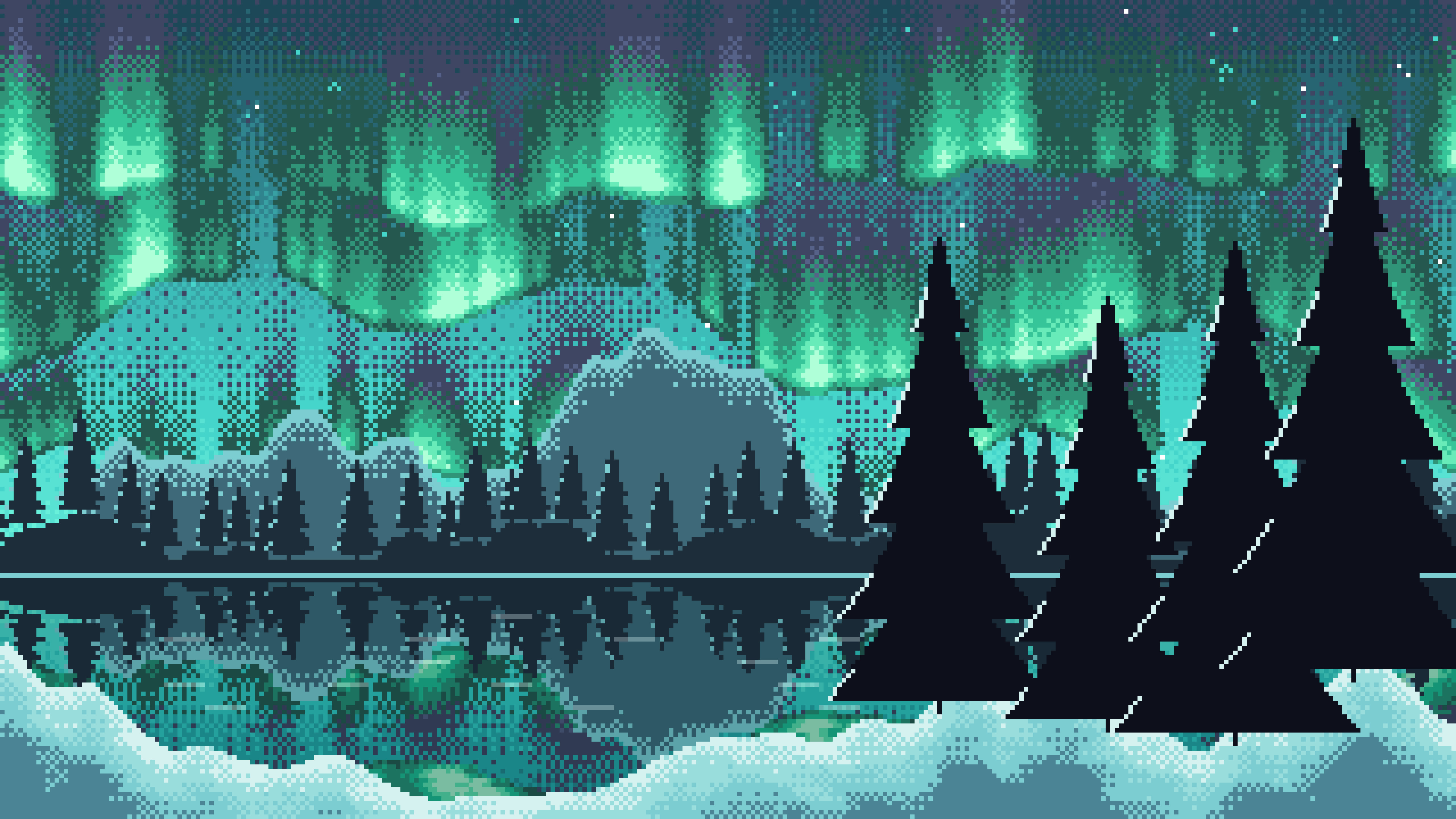 Turquoise Pixel Art Northern Lights desktop wallpaper in 4K