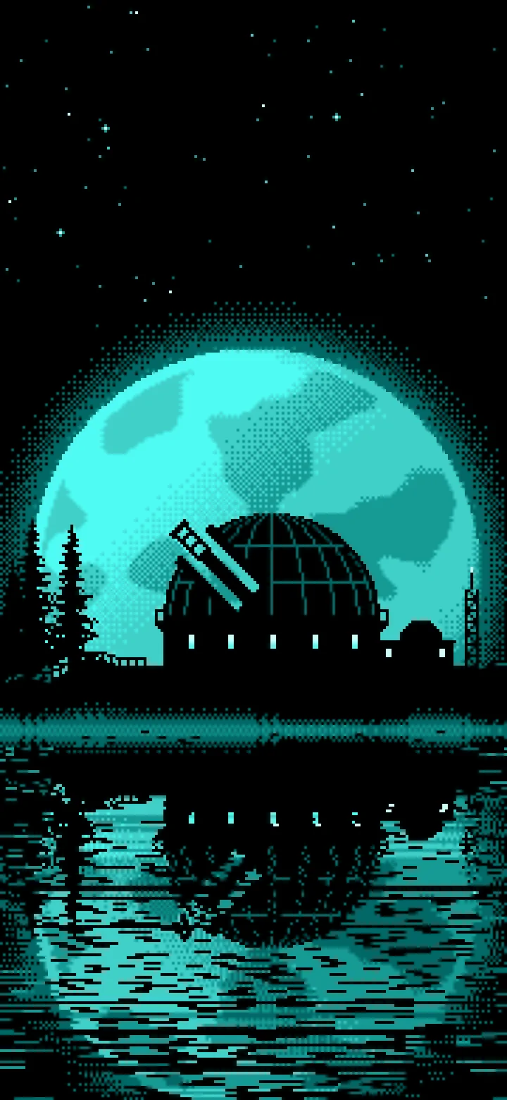 Turquoise Pixel Art Observatory and Full Moon wallpaper for iPhone and Android
