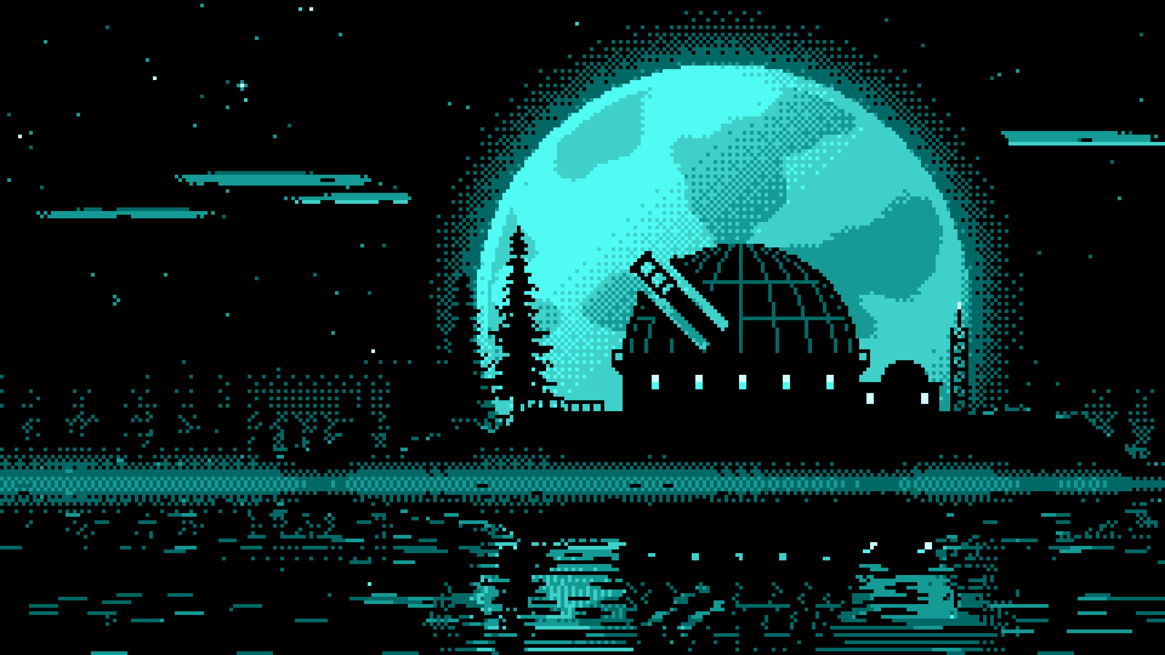 Turquoise Pixel Art Observatory and Full Moon desktop wallpaper in 4K