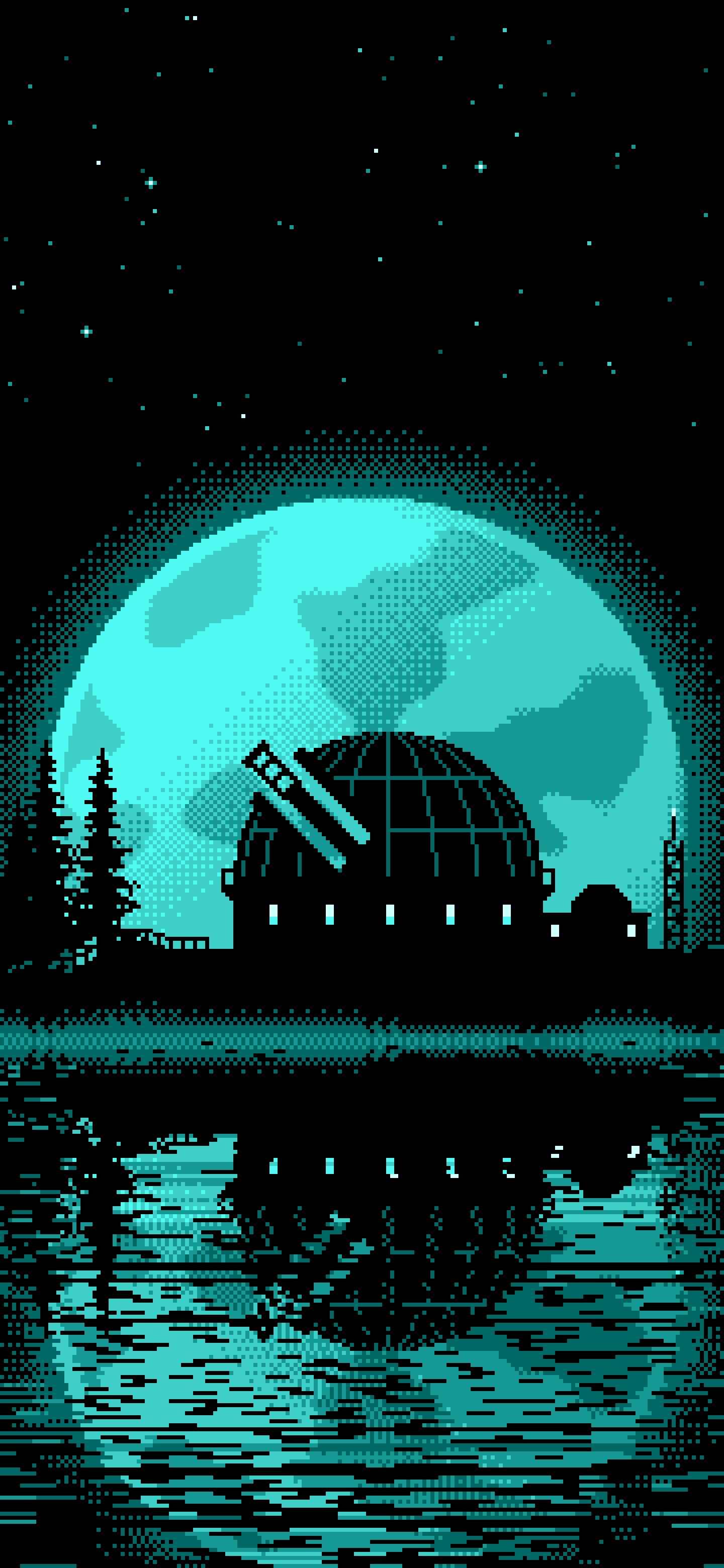 Turquoise Pixel Art Observatory and Full Moon wallpaper for iPhone and Android