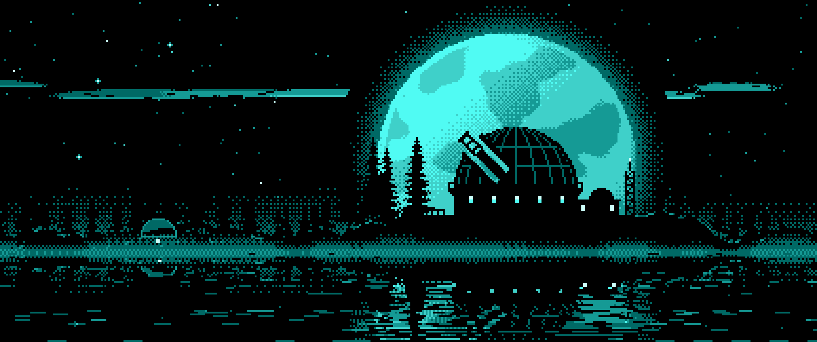 Turquoise Pixel Art Observatory and Full Moon ultrawide wallpaper, 3440 × 1440