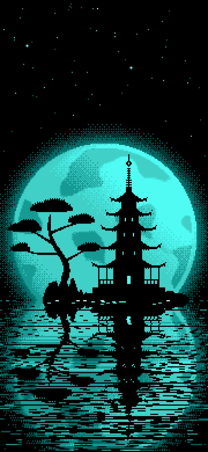 Turquoise Pixel Art Pagoda and Full Moon wallpaper for iPhone and Android