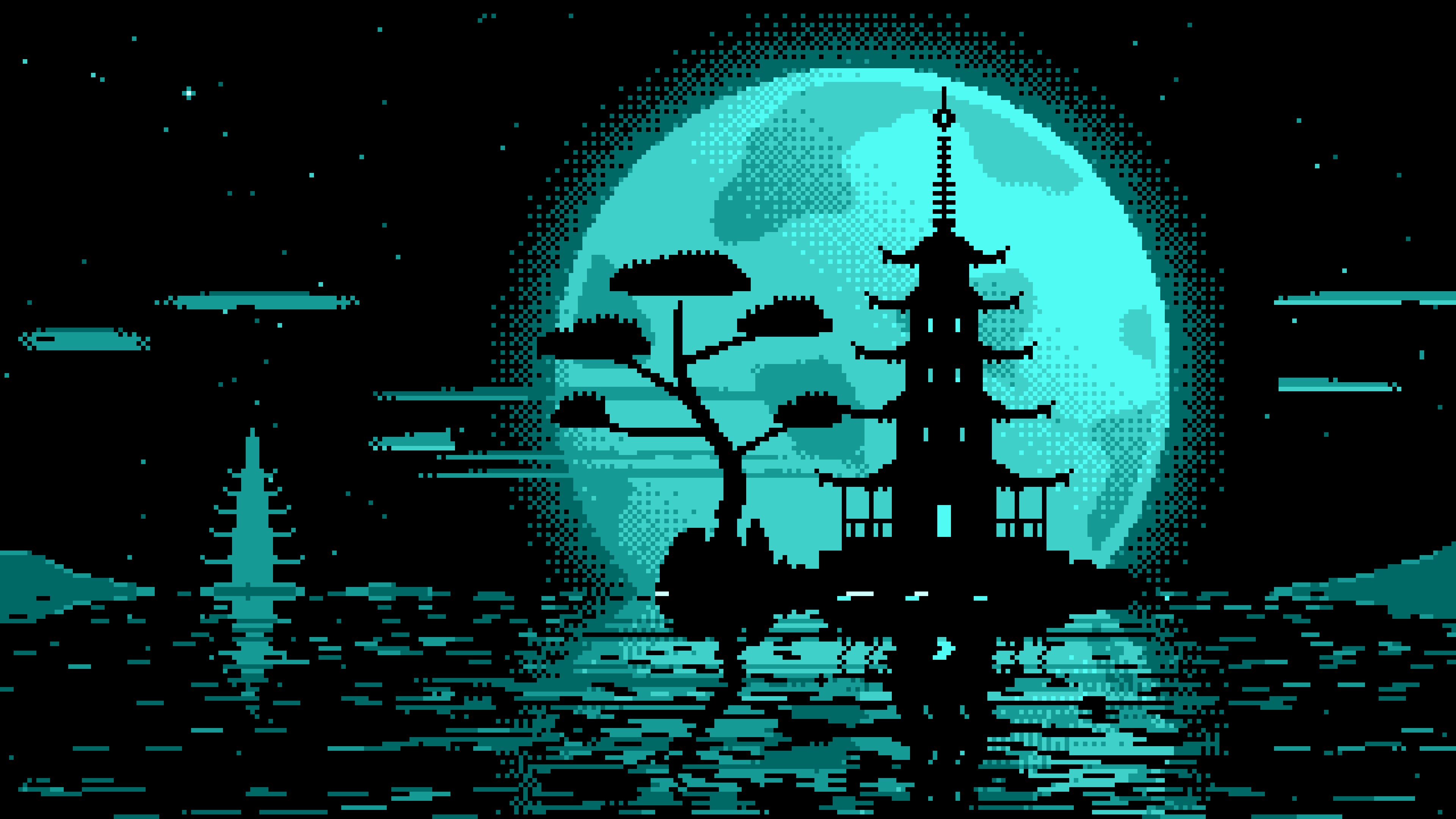 Turquoise Pixel Art Pagoda and Full Moon desktop wallpaper in 4K