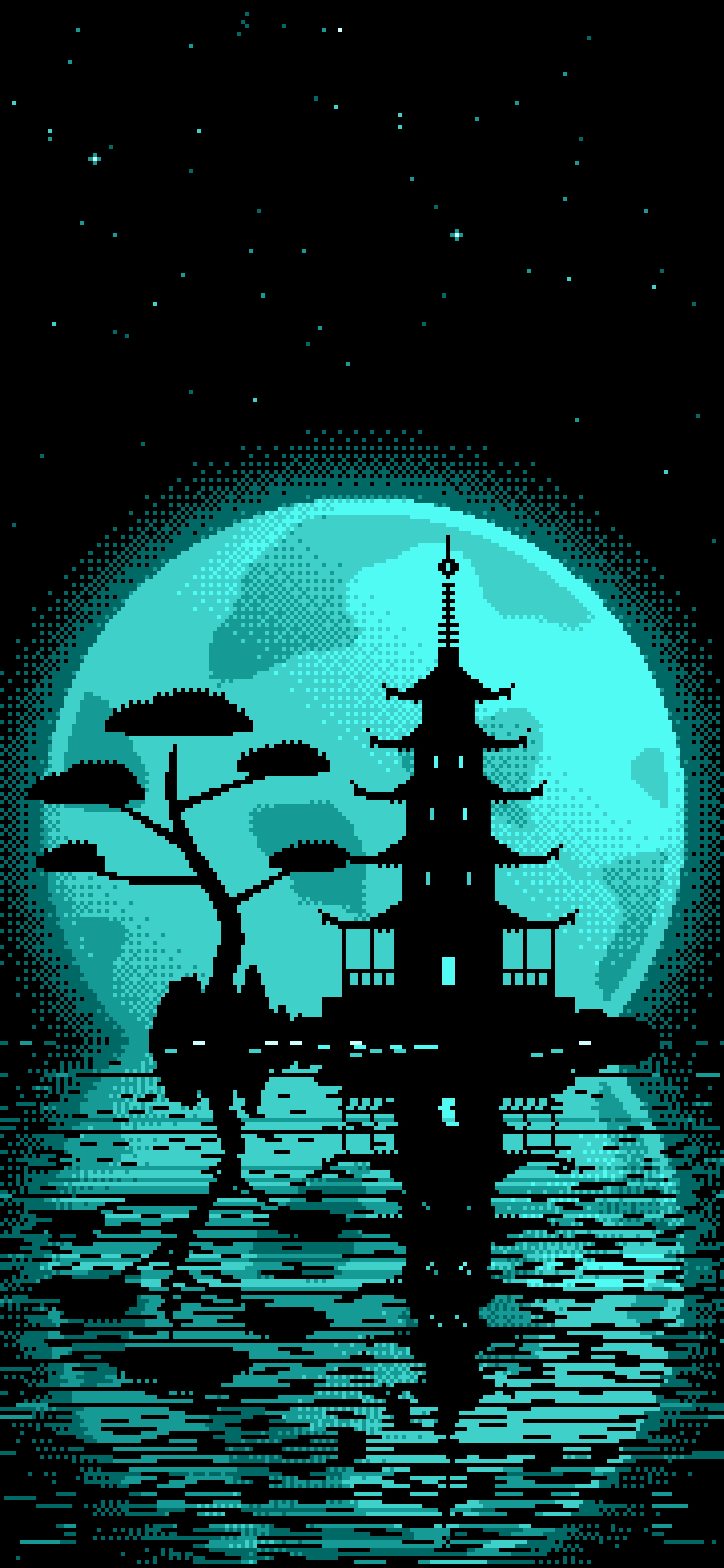 Turquoise Pixel Art Pagoda and Full Moon wallpaper for iPhone and Android