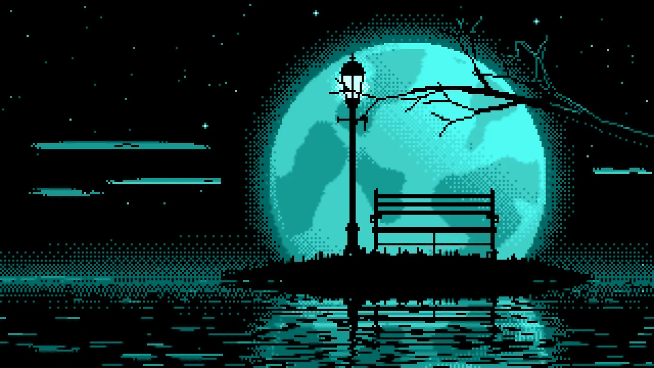 Turquoise Pixel Art Park Bench and Full Moon desktop wallpaper in 4K