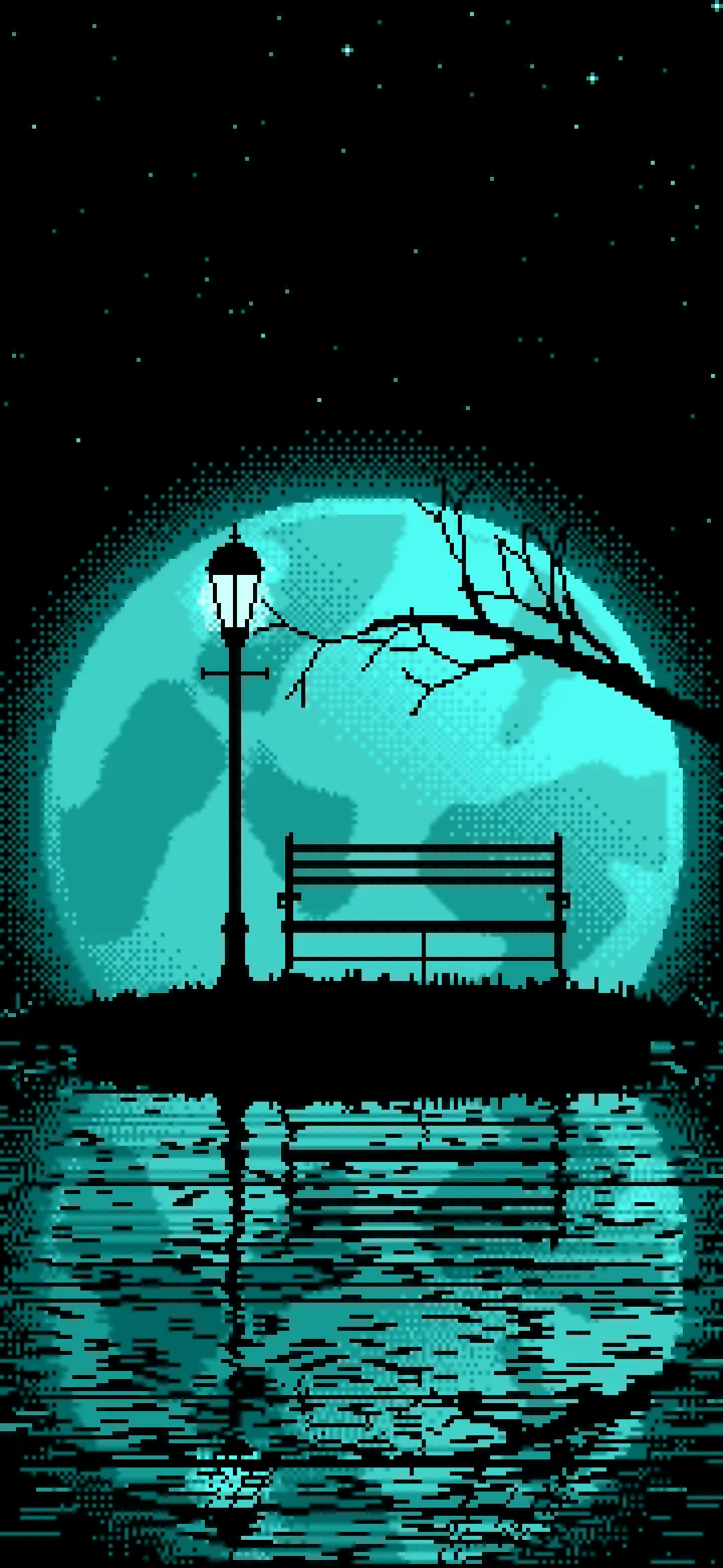 Turquoise Pixel Art Park Bench and Full Moon wallpaper for iPhone and Android