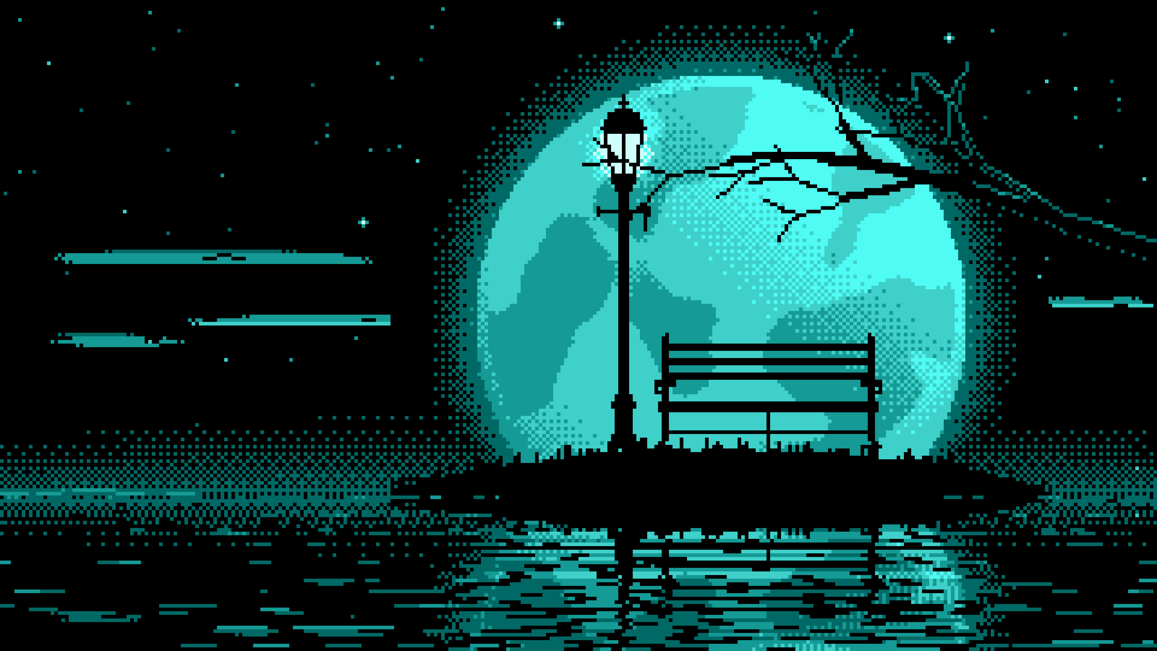 Turquoise Pixel Art Park Bench and Full Moon desktop wallpaper in 4K