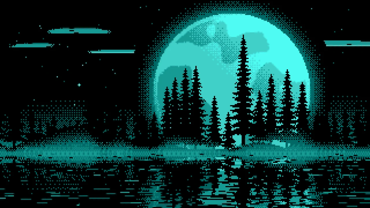 Turquoise Pixel Art Pine Trees and Full Moon desktop wallpaper in 4K