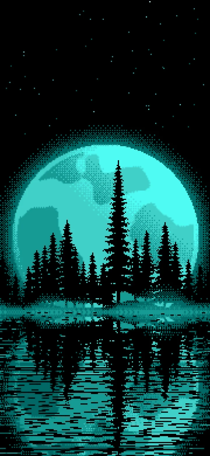Turquoise Pixel Art Pine Trees and Full Moon wallpaper for iPhone and Android