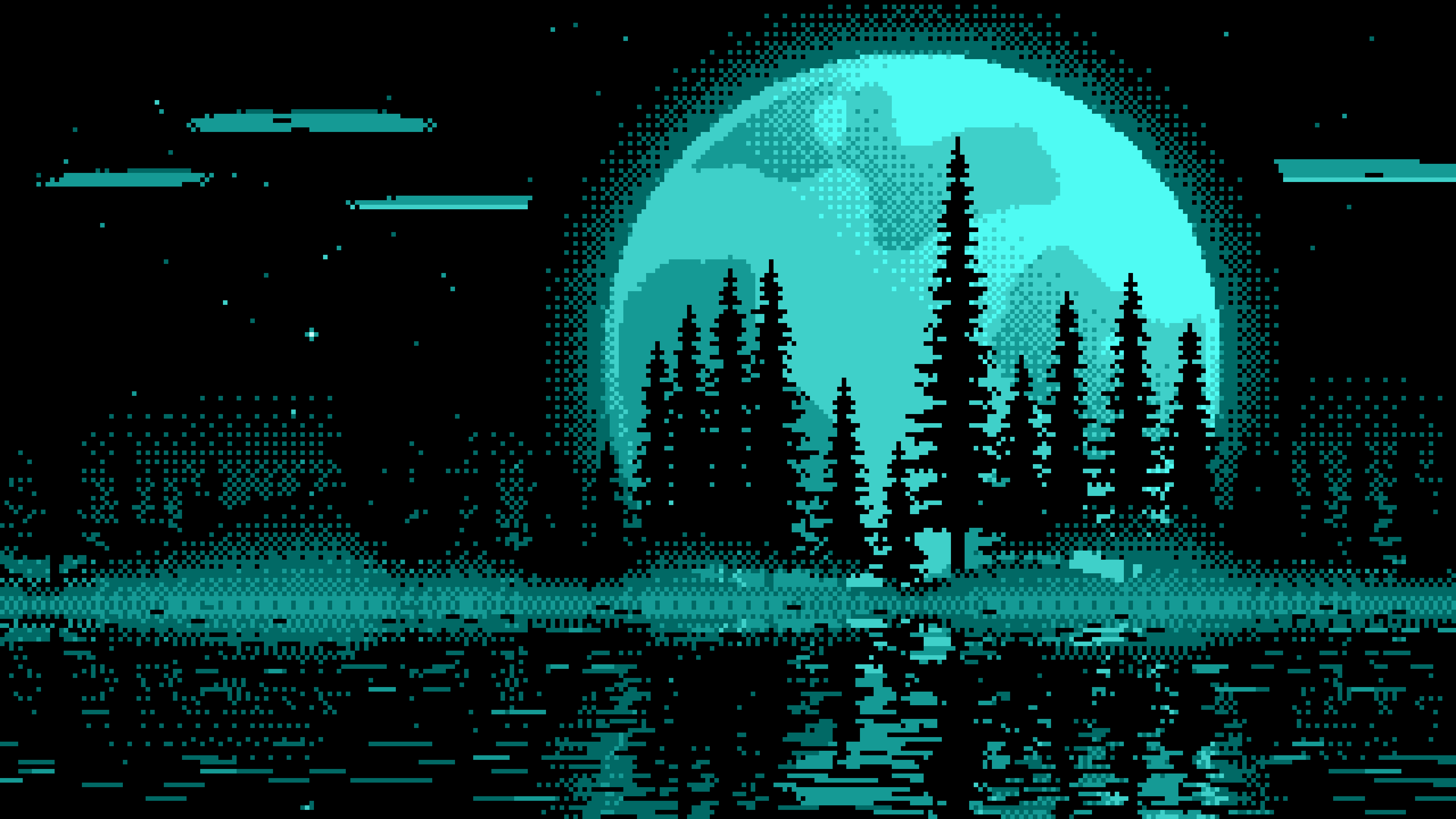 Turquoise Pixel Art Pine Trees and Full Moon desktop wallpaper in 4K