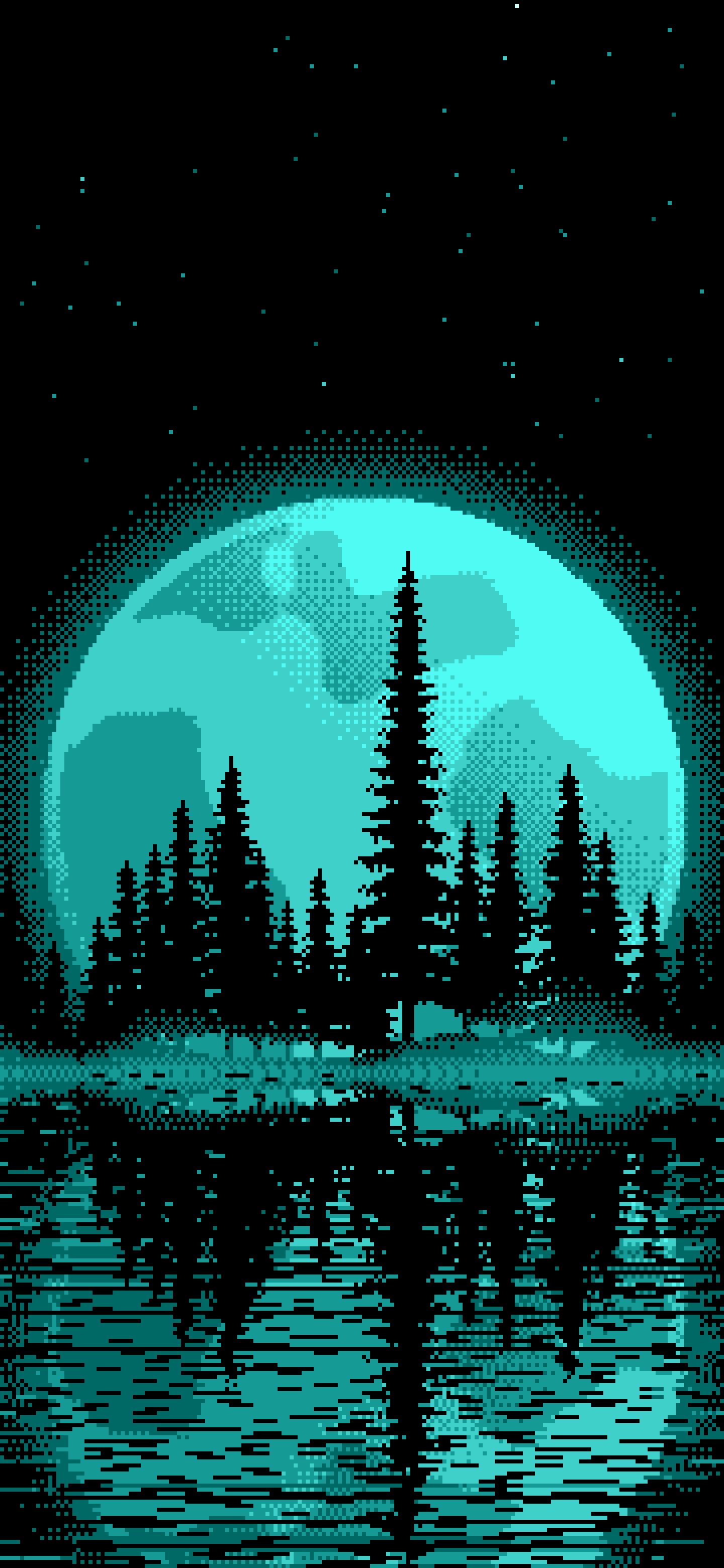 Turquoise Pixel Art Pine Trees and Full Moon wallpaper for iPhone and Android