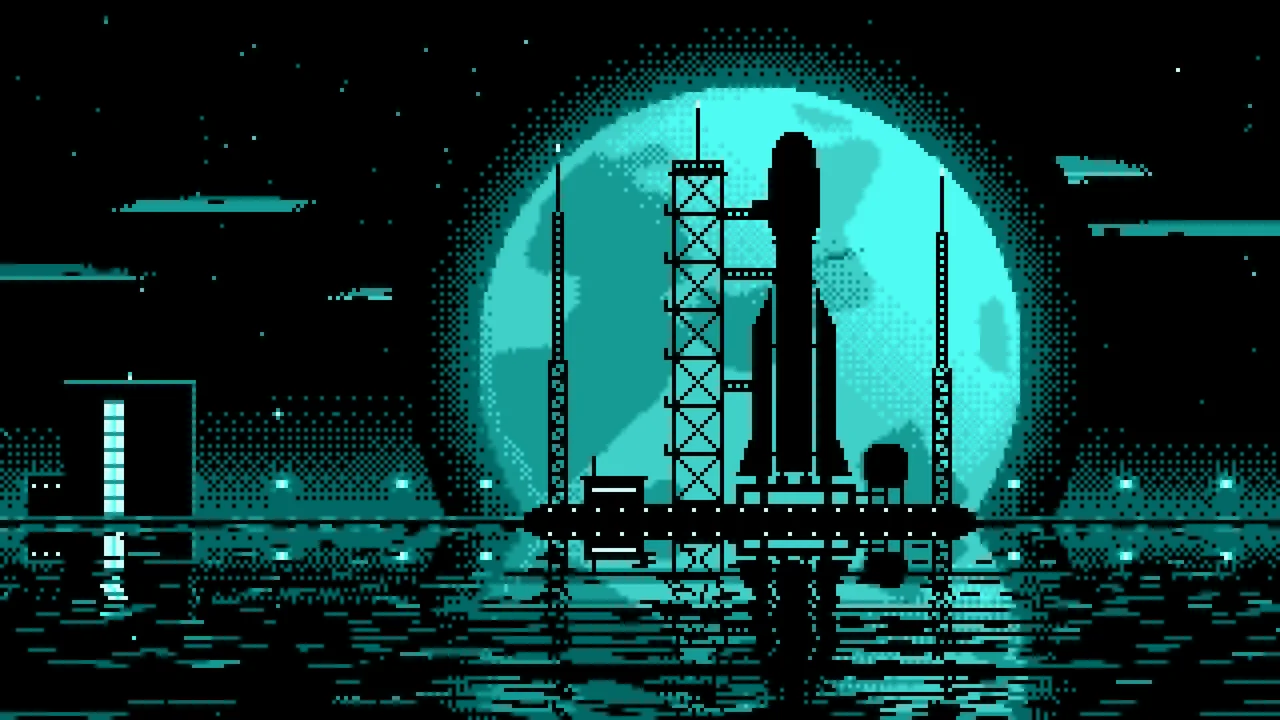 Turquoise Pixel Art Rocket and Full Moon desktop wallpaper in 4K