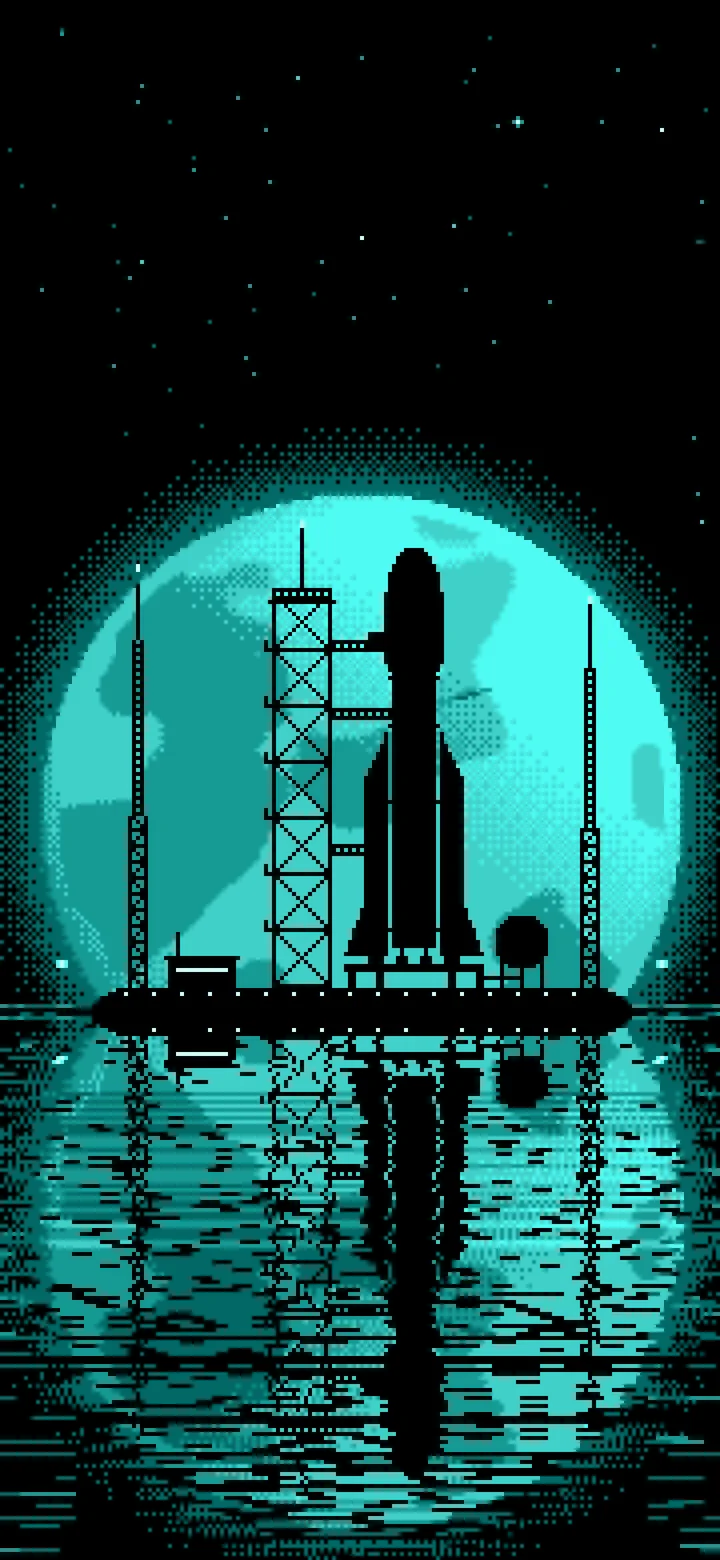 Turquoise Pixel Art Rocket and Full Moon wallpaper for iPhone and Android