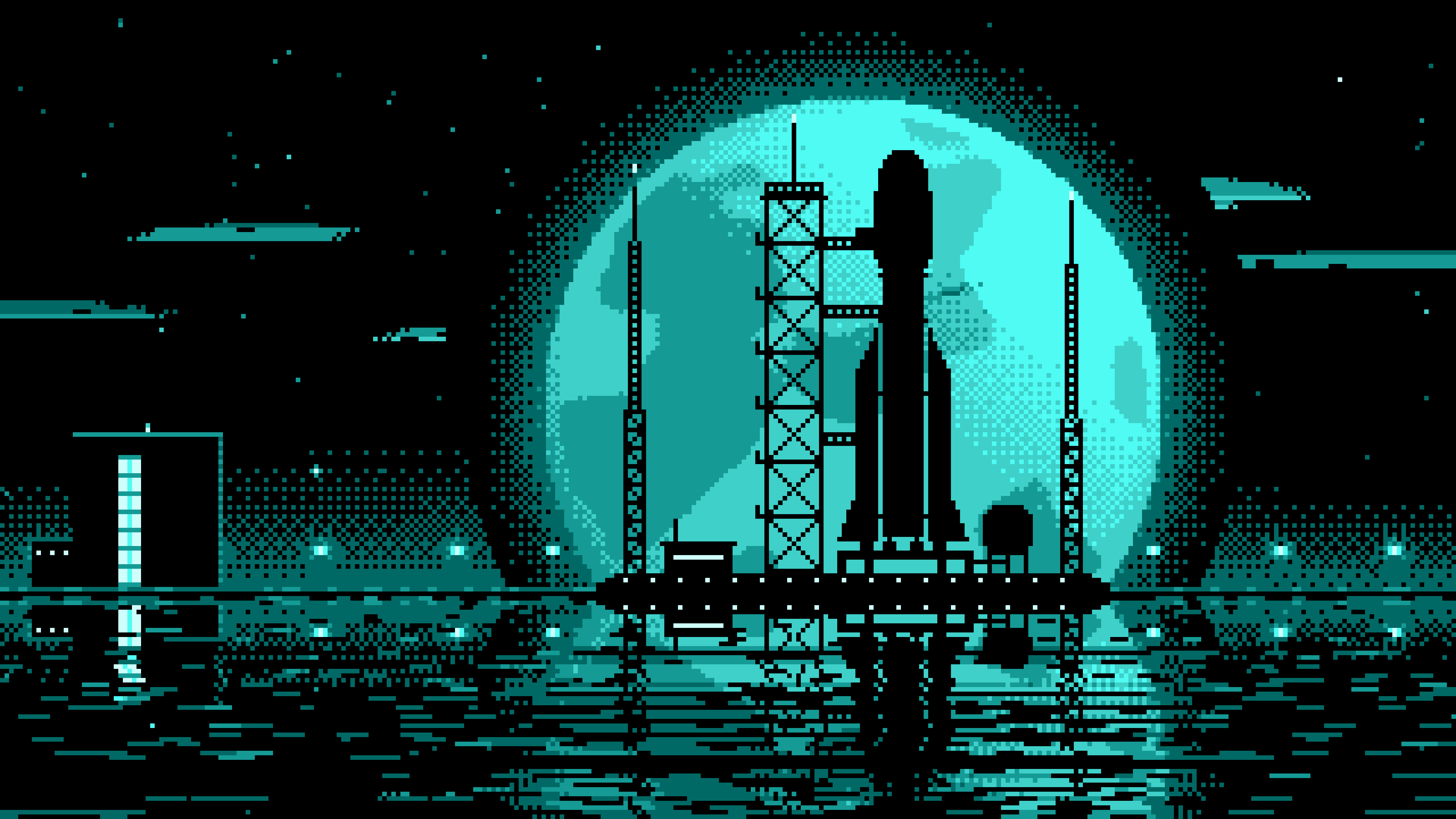 Turquoise Pixel Art Rocket and Full Moon desktop wallpaper in 4K